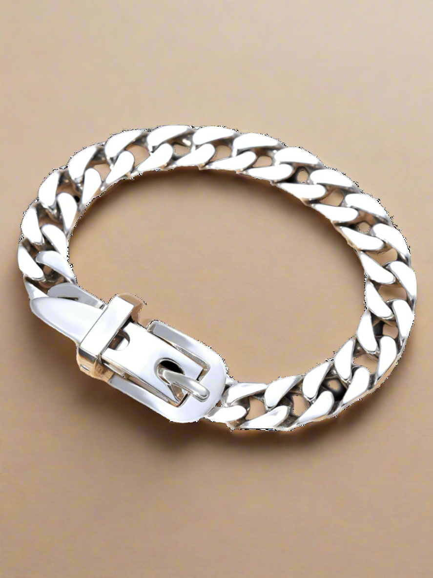Cuban Chain with Belt Buckle Sterling Silver Bracelet