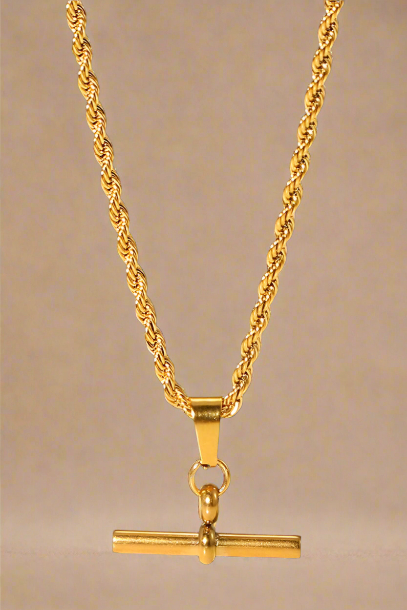 18K Gold Stainless Steel T-Bar Charm Necklace