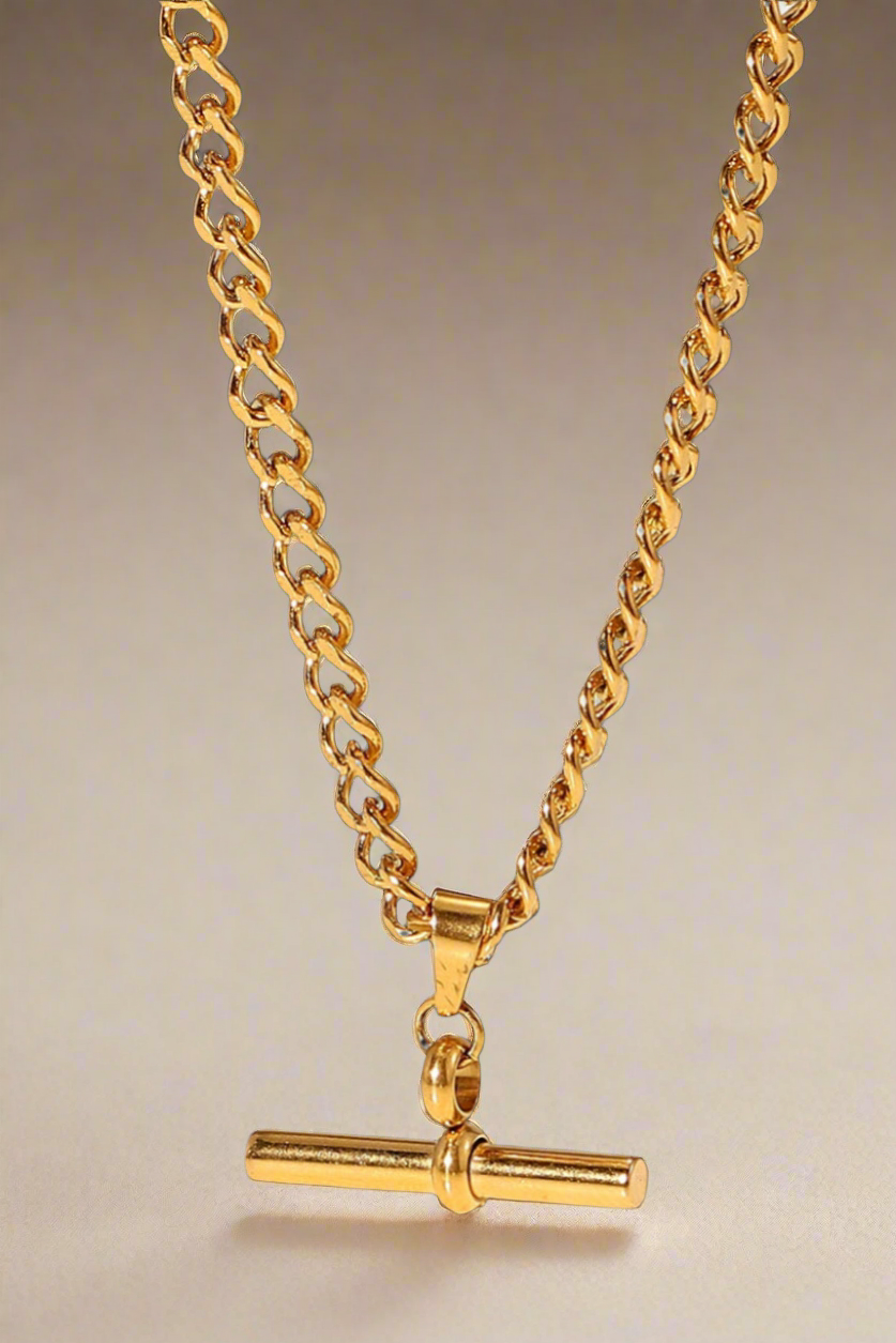 18K Gold Stainless Steel T-Bar Charm Necklace
