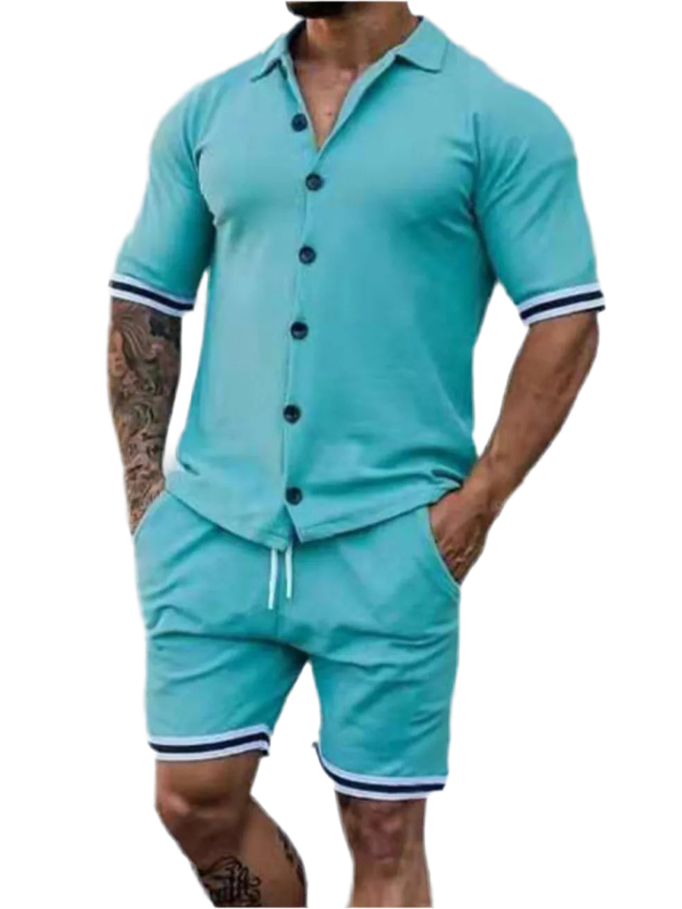 Striped Hem Button Up Top & Shorts Set