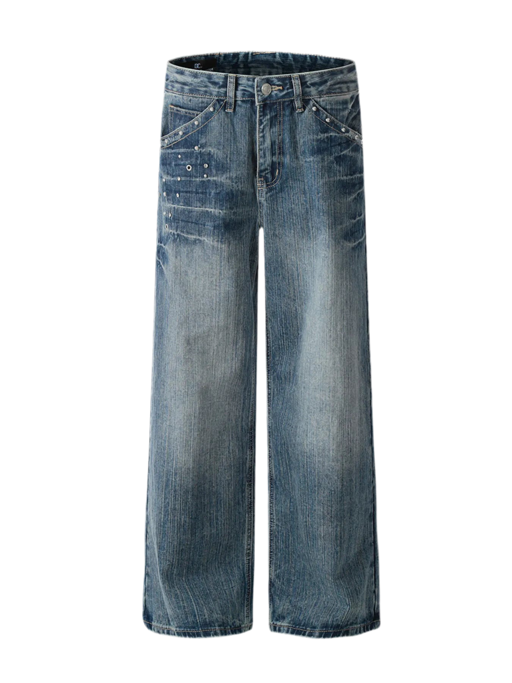 Washed Straight Jeans with Stud Decor