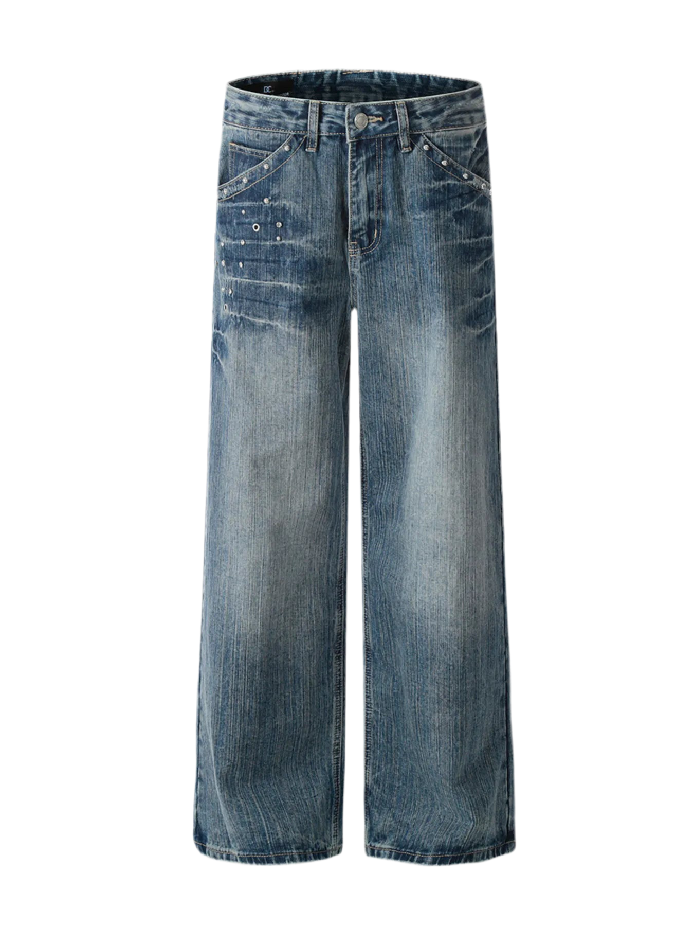 Washed Straight Jeans with Stud Decor