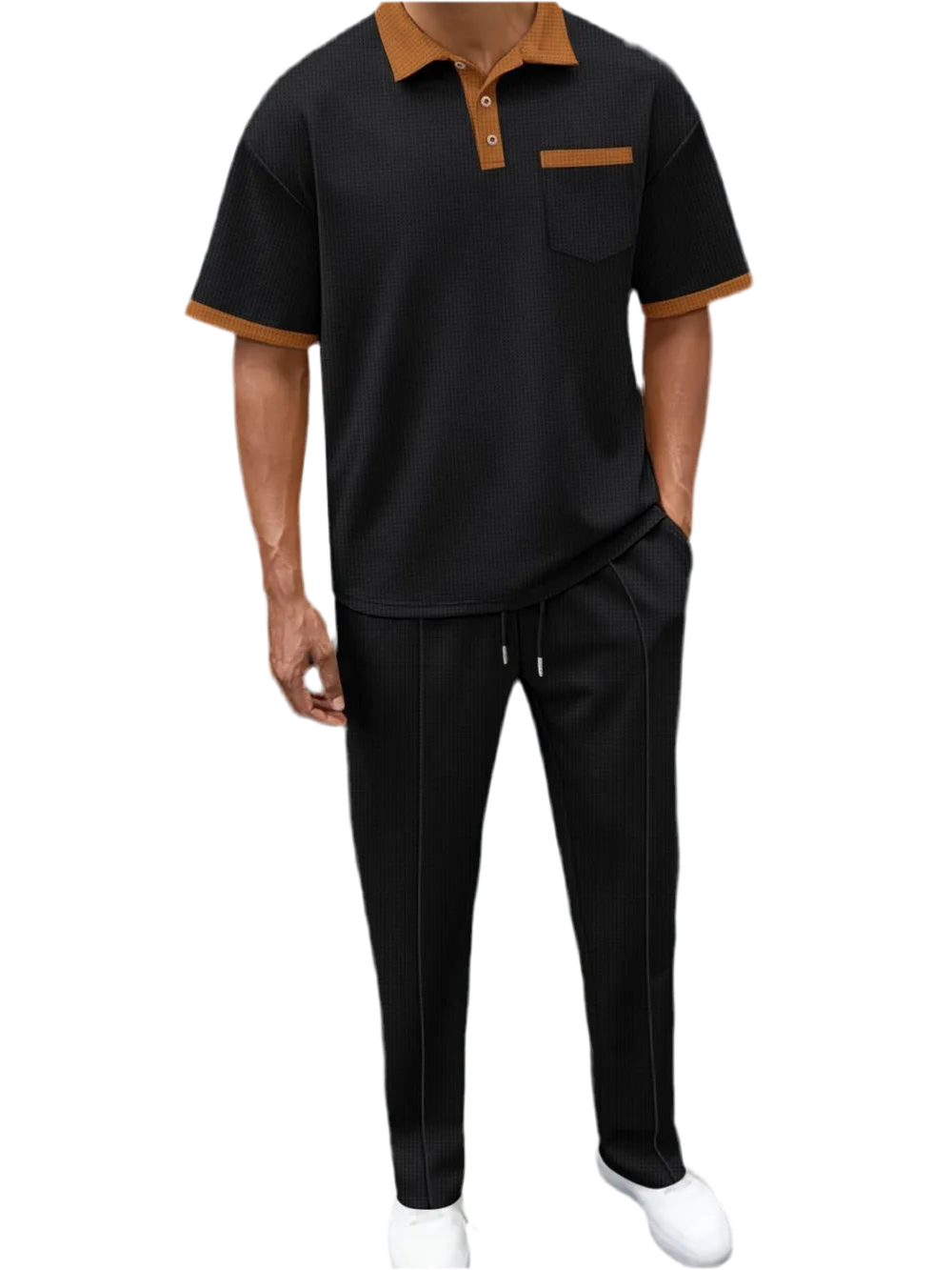 Waffle-Knit Contrast Polo & Pants Set