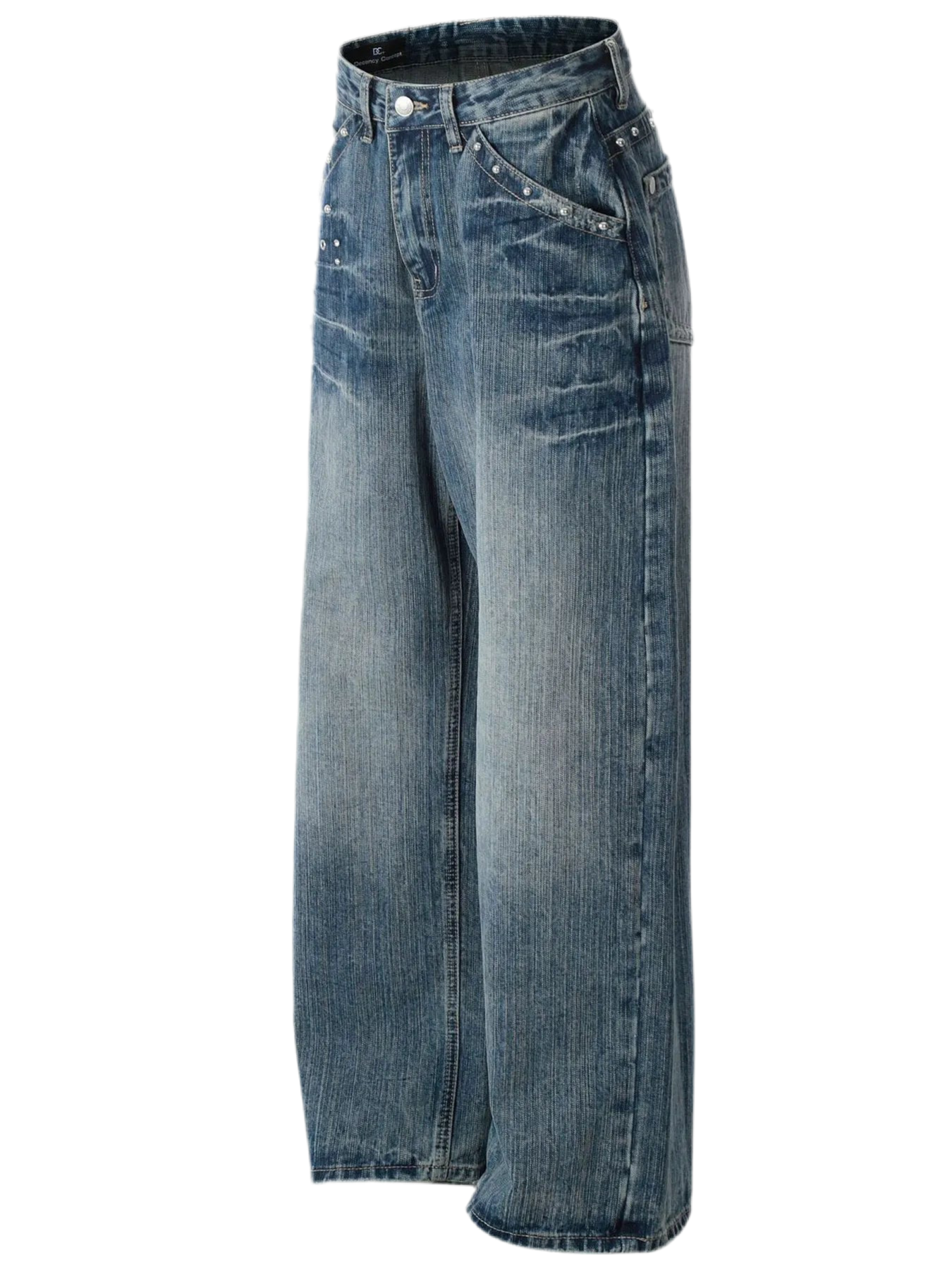Washed Straight Jeans with Stud Decor