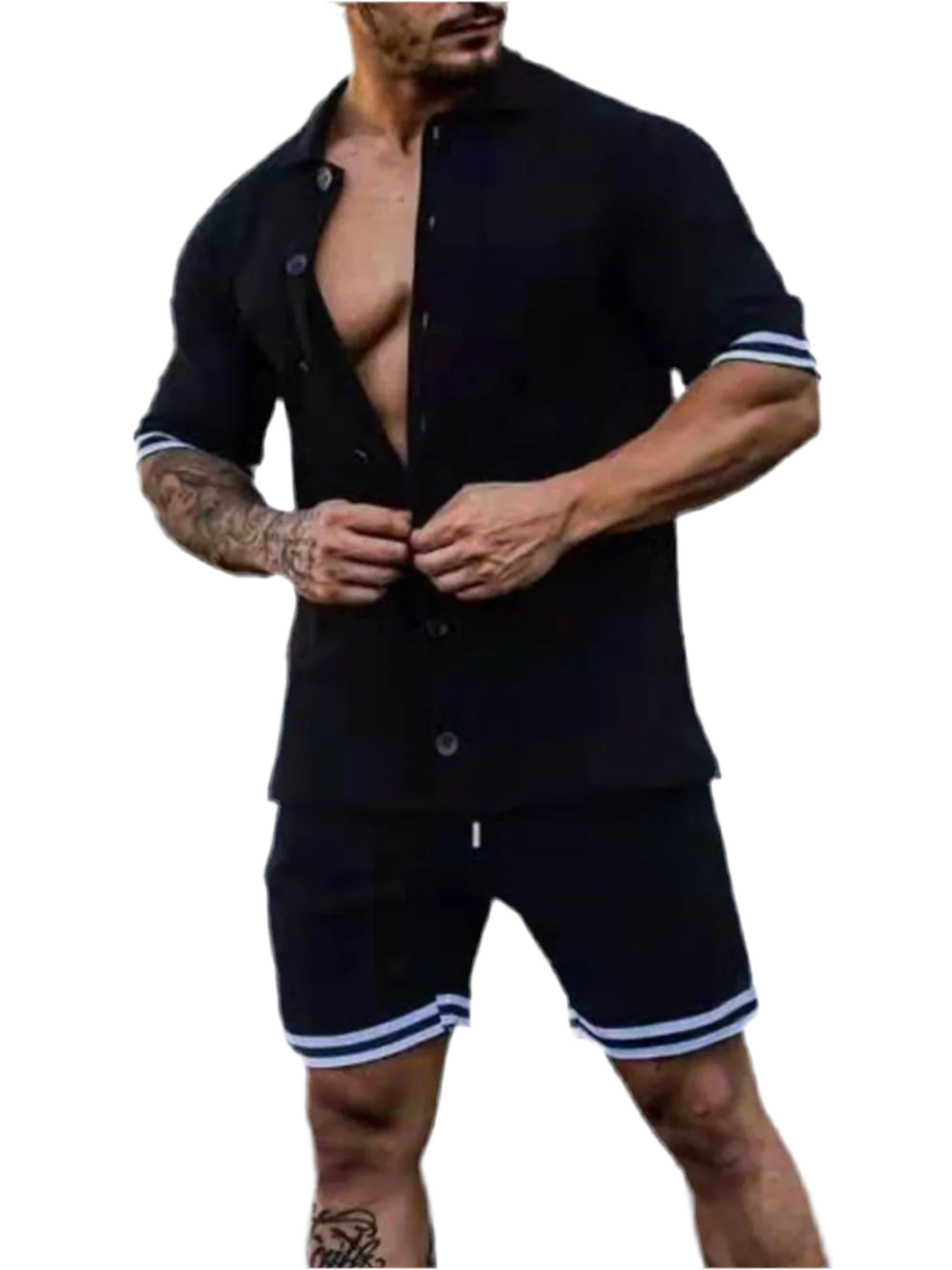 Striped Hem Button Up Top & Shorts Set