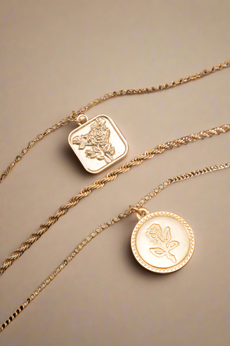 Triple Gold Necklace Set with Rose Charms