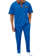 Waffle-Knit Contrast Polo & Pants Set