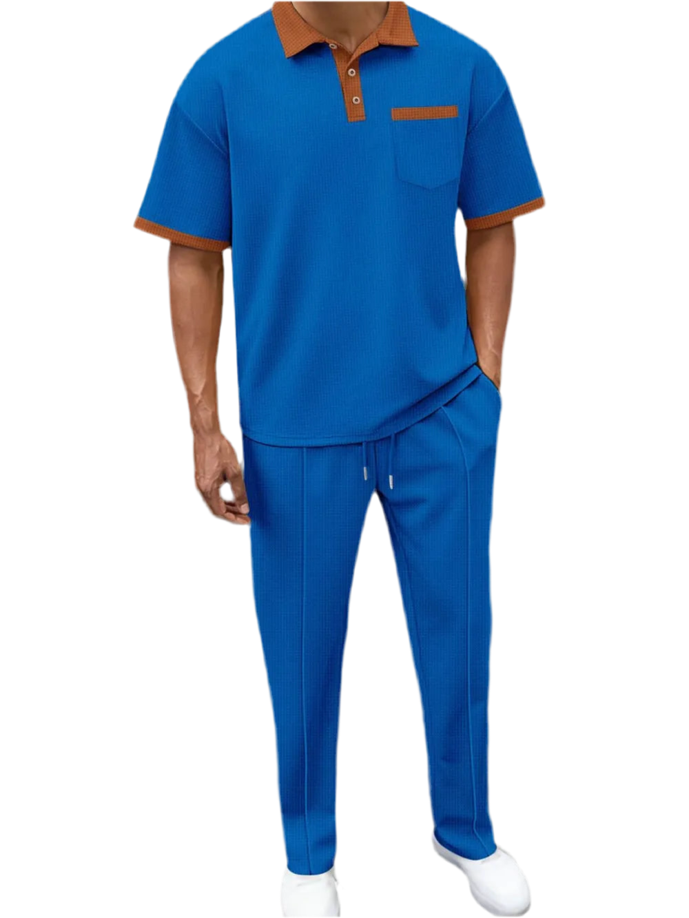 Waffle-Knit Contrast Polo & Pants Set