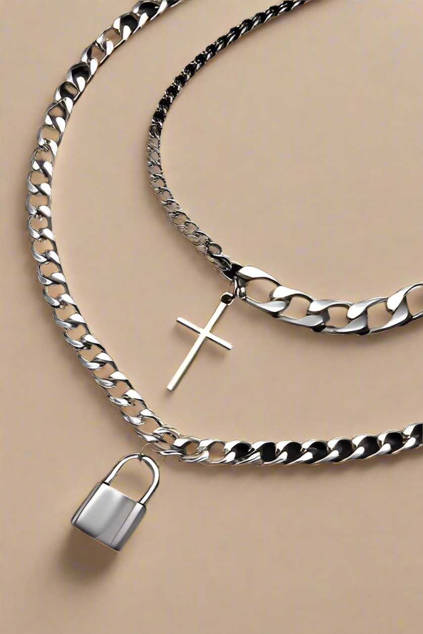 Cross & Lock Double Charm Necklaces