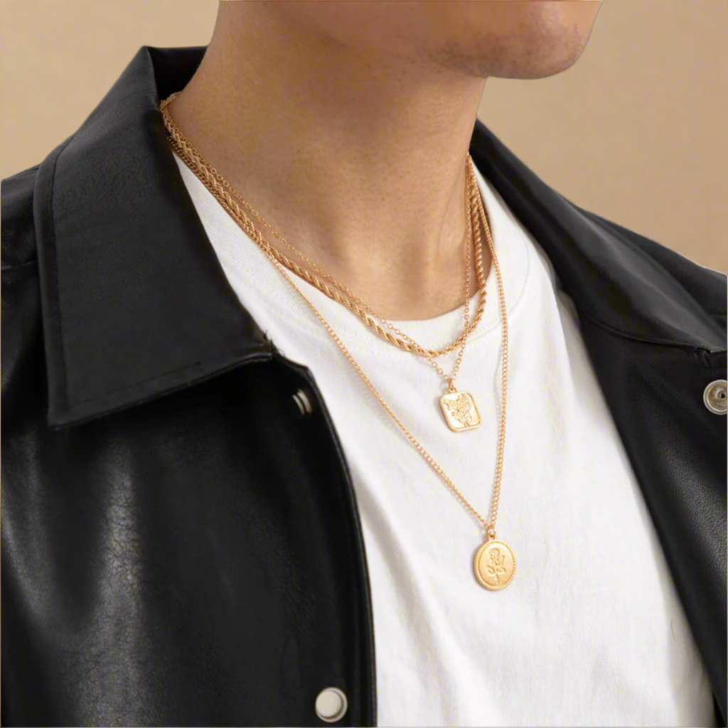 Triple Gold Necklace Set with Rose Charms