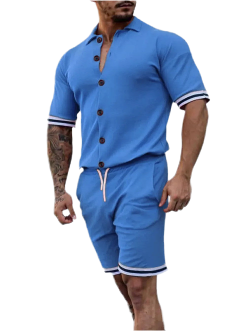 Striped Hem Button Up Top & Shorts Set