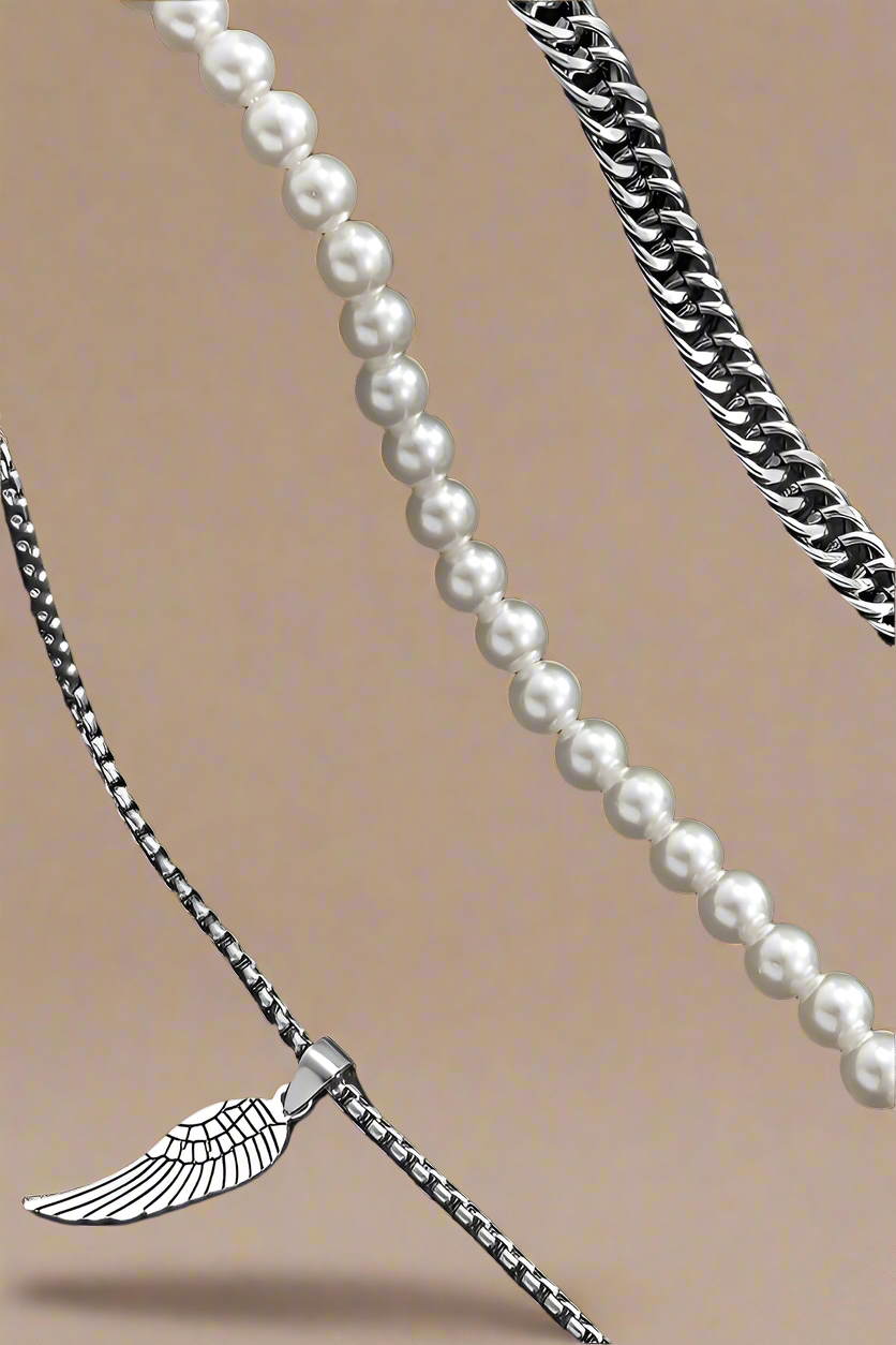 Vintage Layered Pearl & Feather Charm Necklace