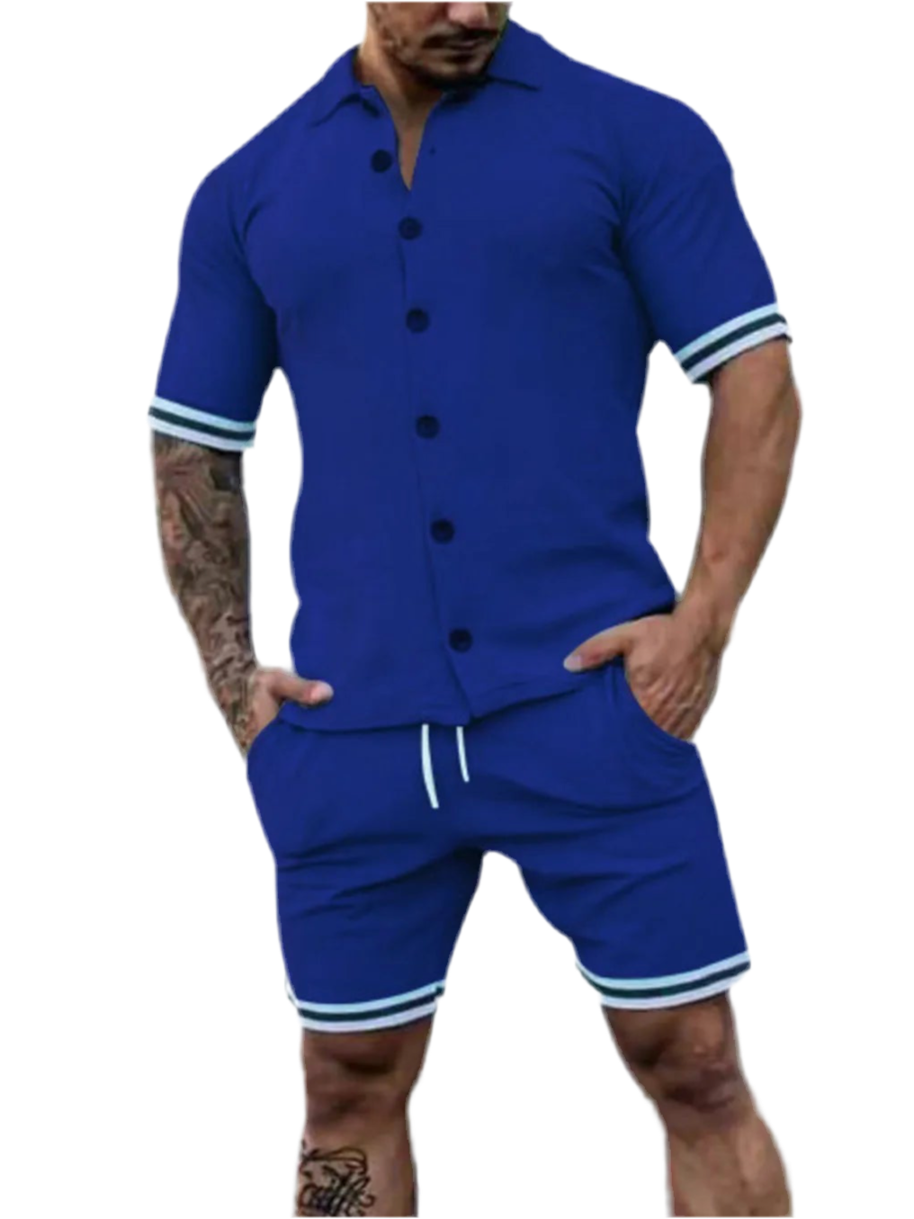 Striped Hem Button Up Top & Shorts Set