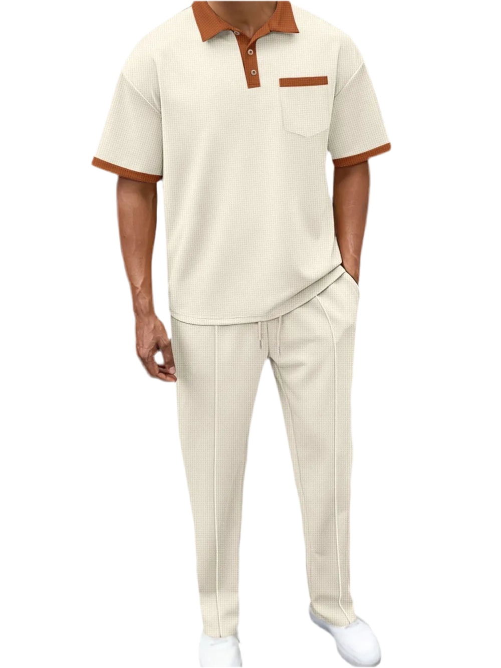 Waffle-Knit Contrast Polo & Pants Set