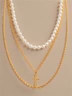 Pearl & Cross Three-Layer Stacked Necklace