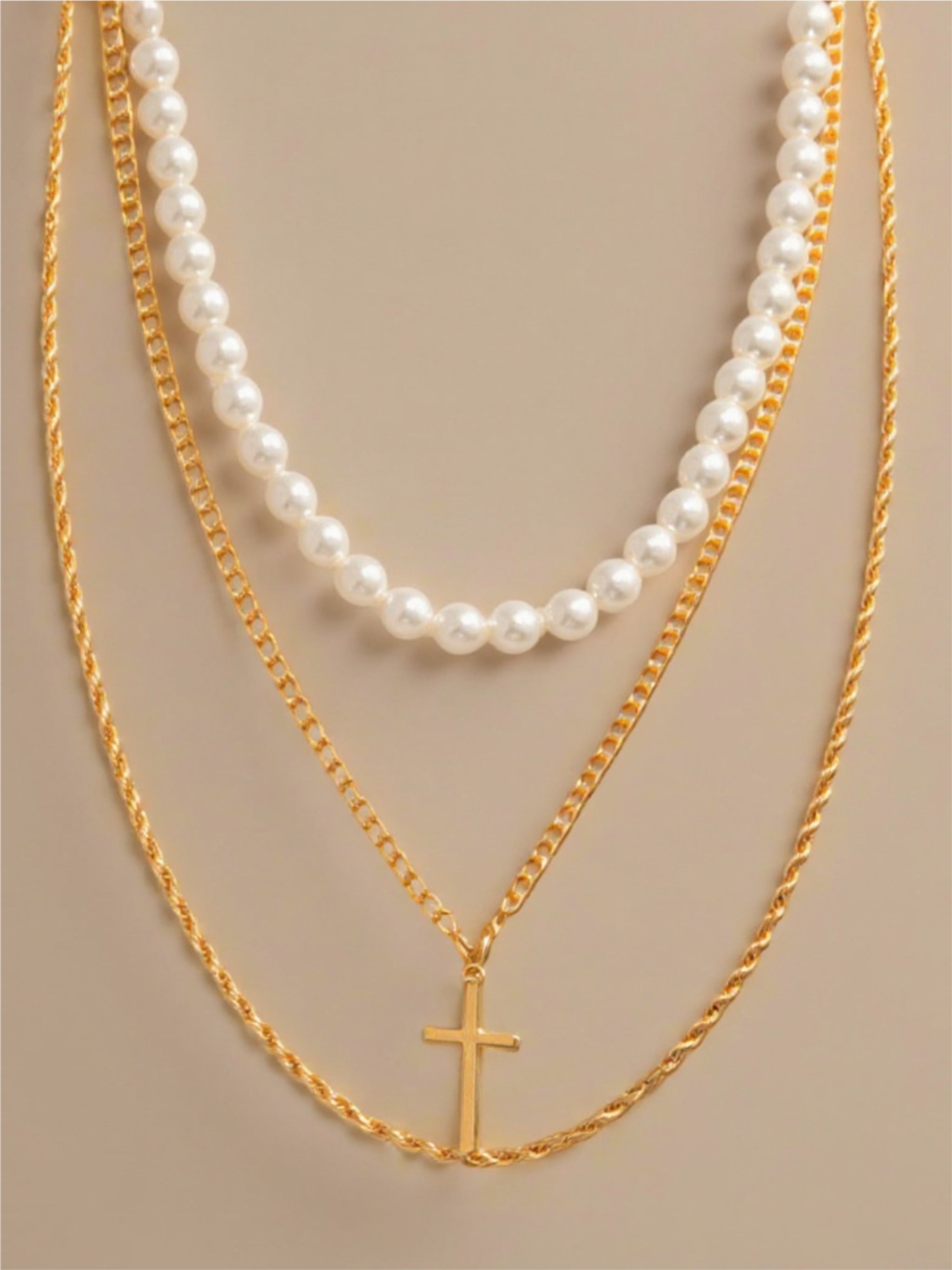 Pearl & Cross Three-Layer Stacked Necklace