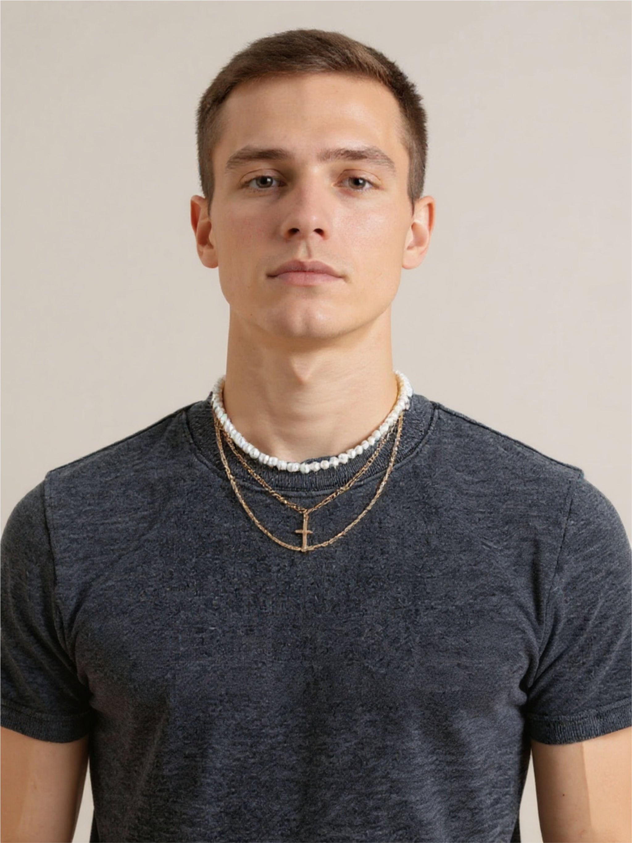Pearl & Cross Three-Layer Stacked Necklace