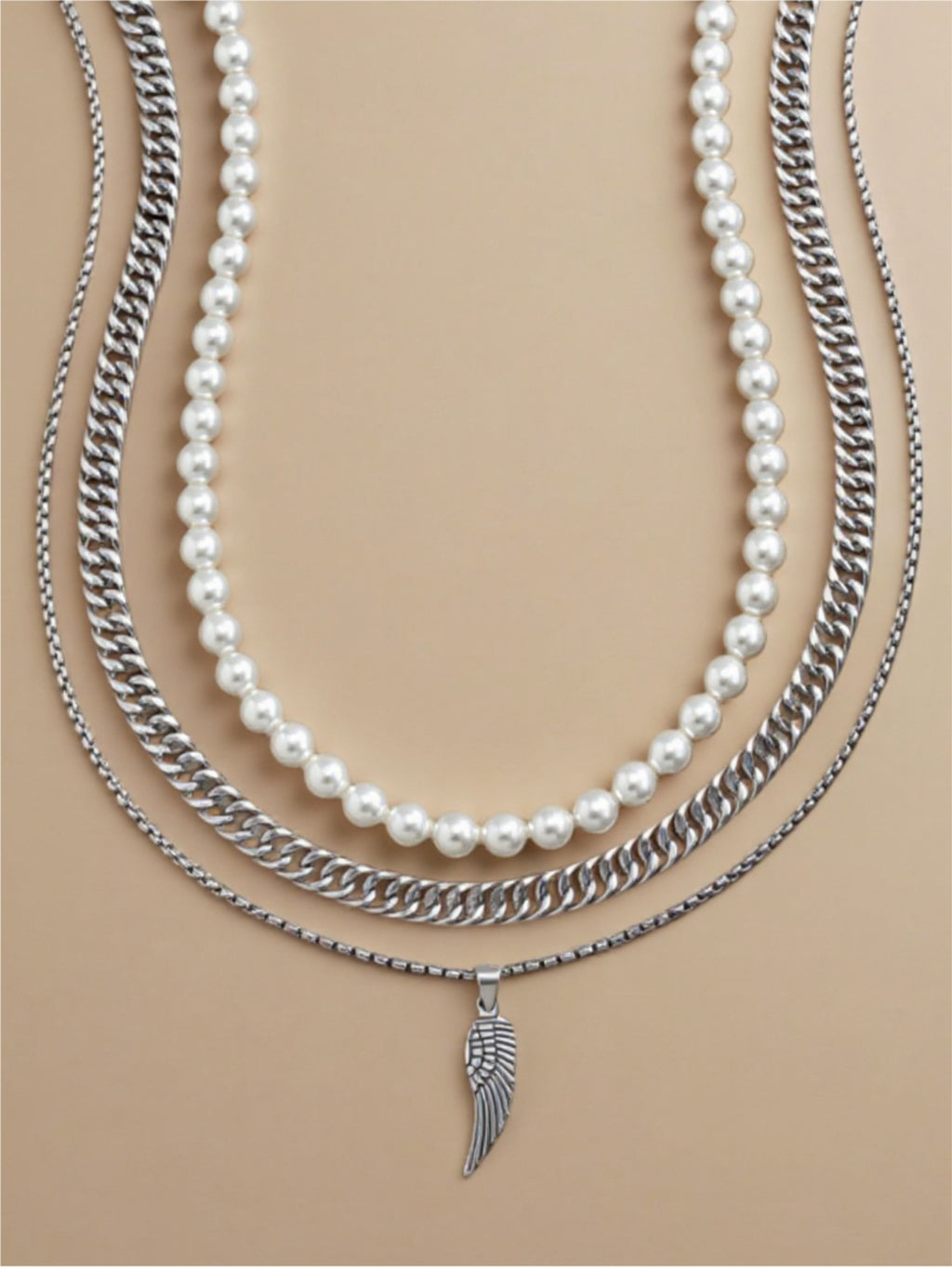 Vintage Layered Pearl & Feather Charm Necklace
