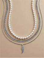 Vintage Layered Pearl & Feather Charm Necklace
