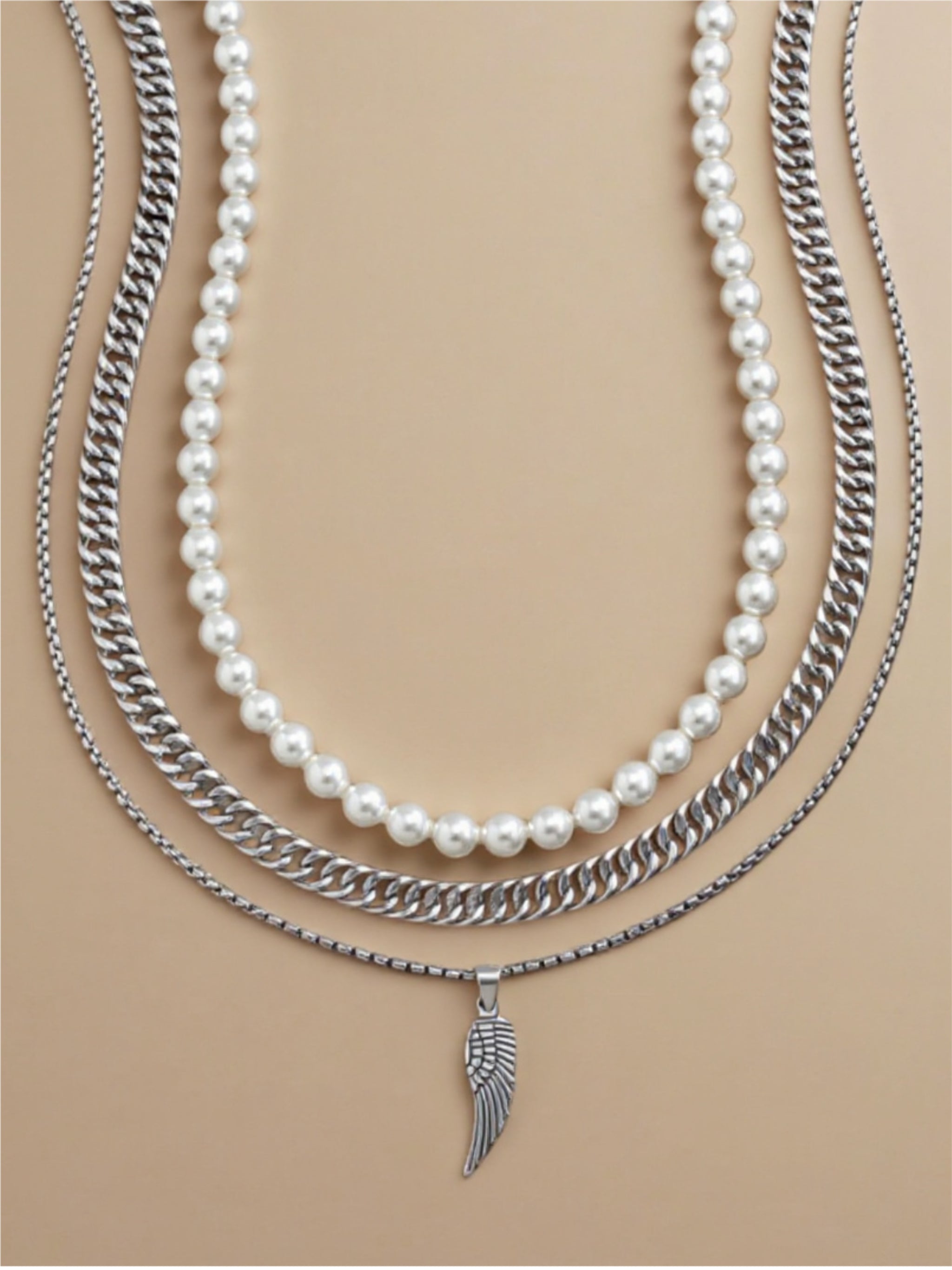 Vintage Layered Pearl & Feather Charm Necklace