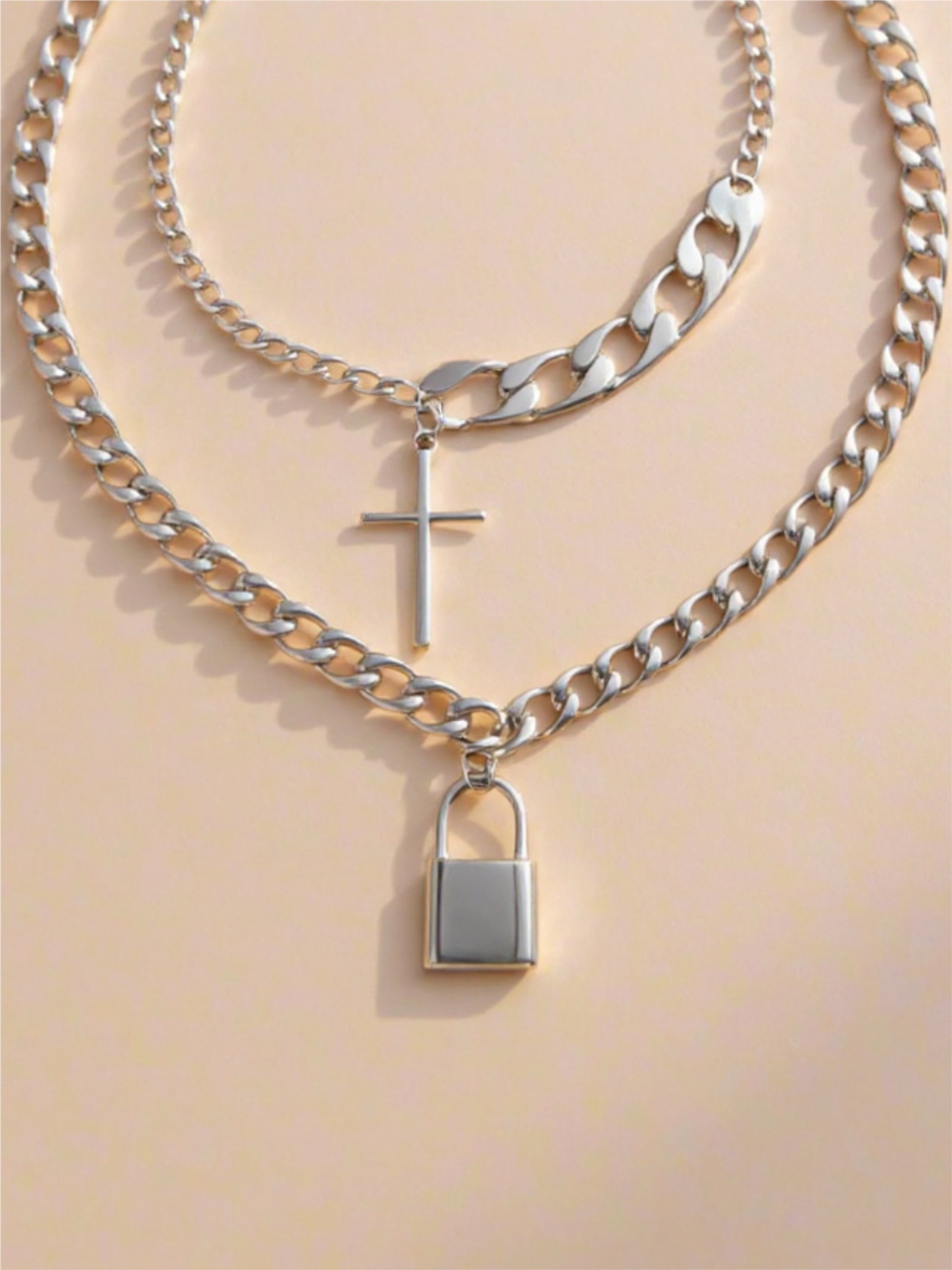 Cross & Lock Double Charm Necklaces