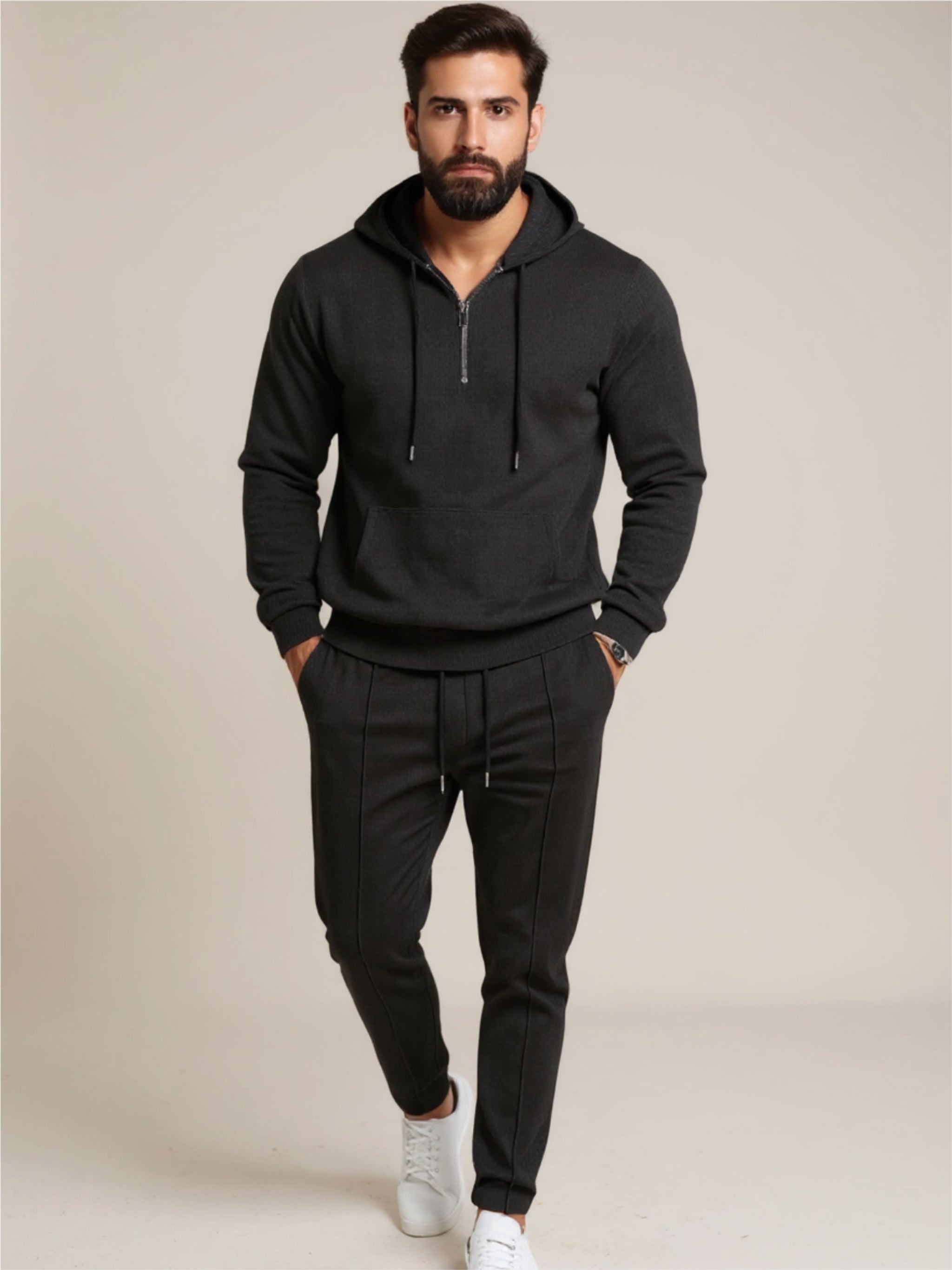 Waffle-Knit Half Zipper Hoodie & Pants Set