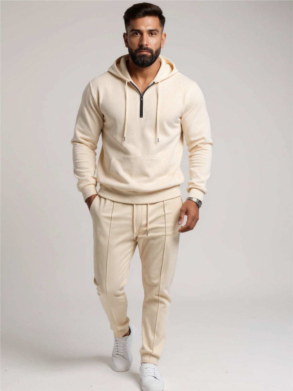 Waffle-Knit Half Zipper Hoodie & Pants Set