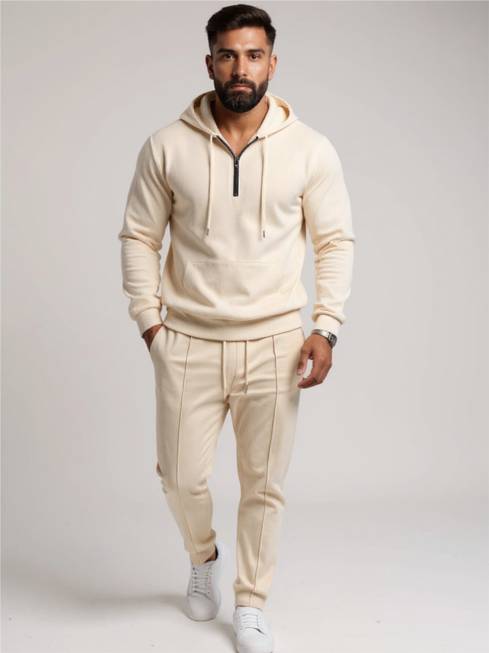 Waffle-Knit Half Zipper Hoodie & Pants Set