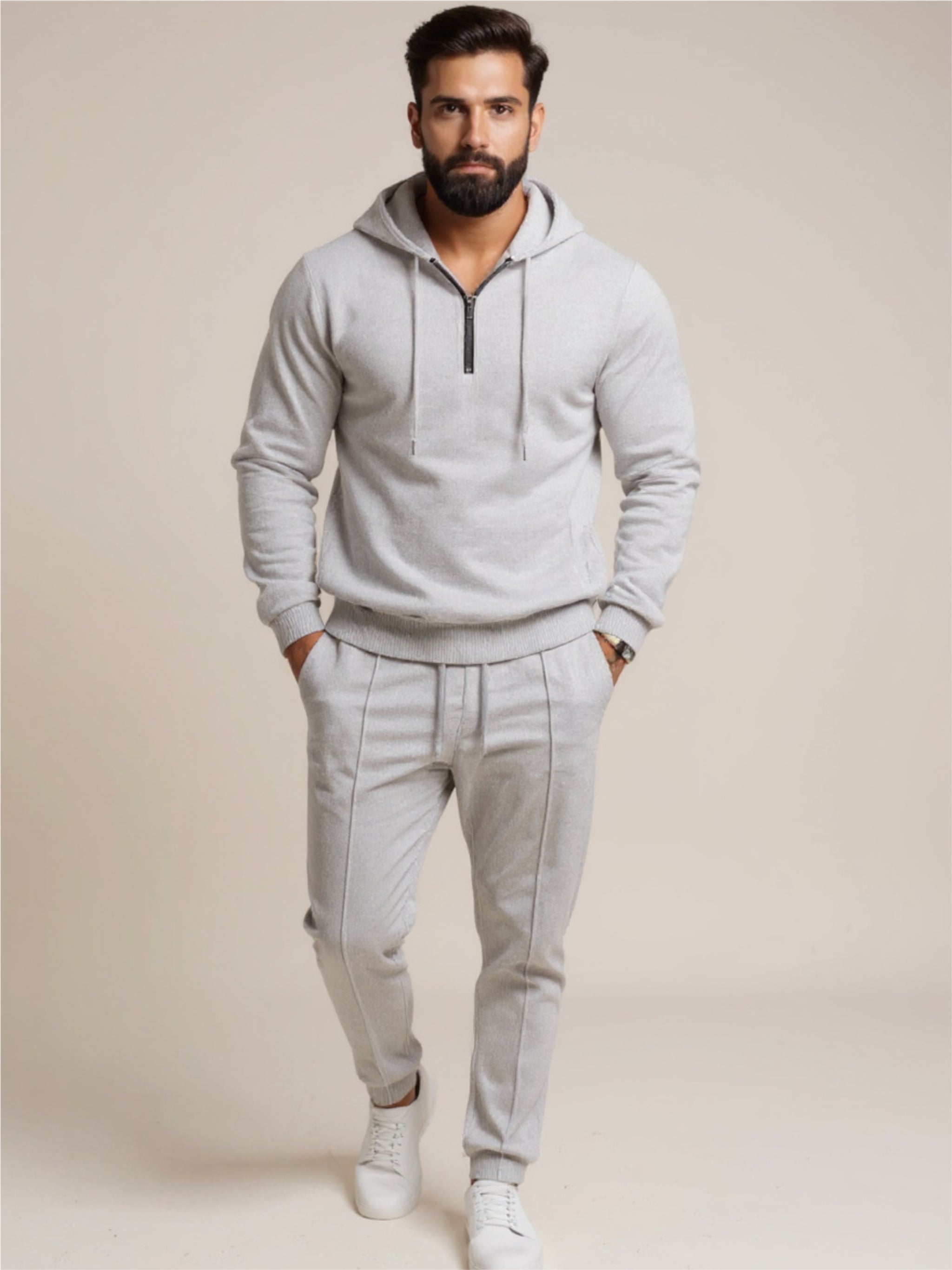 Waffle-Knit Half Zipper Hoodie & Pants Set