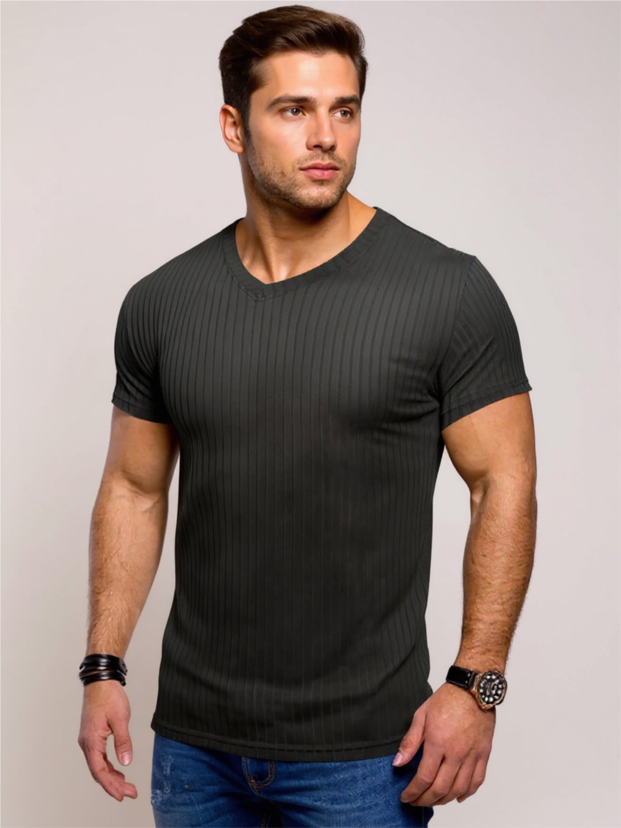 Ribbed Short Sleeve Slim Fit T-Shirt