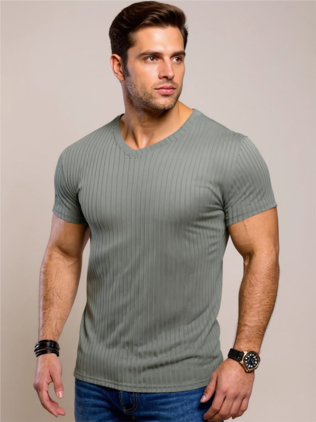 Ribbed Short Sleeve Slim Fit T-Shirt