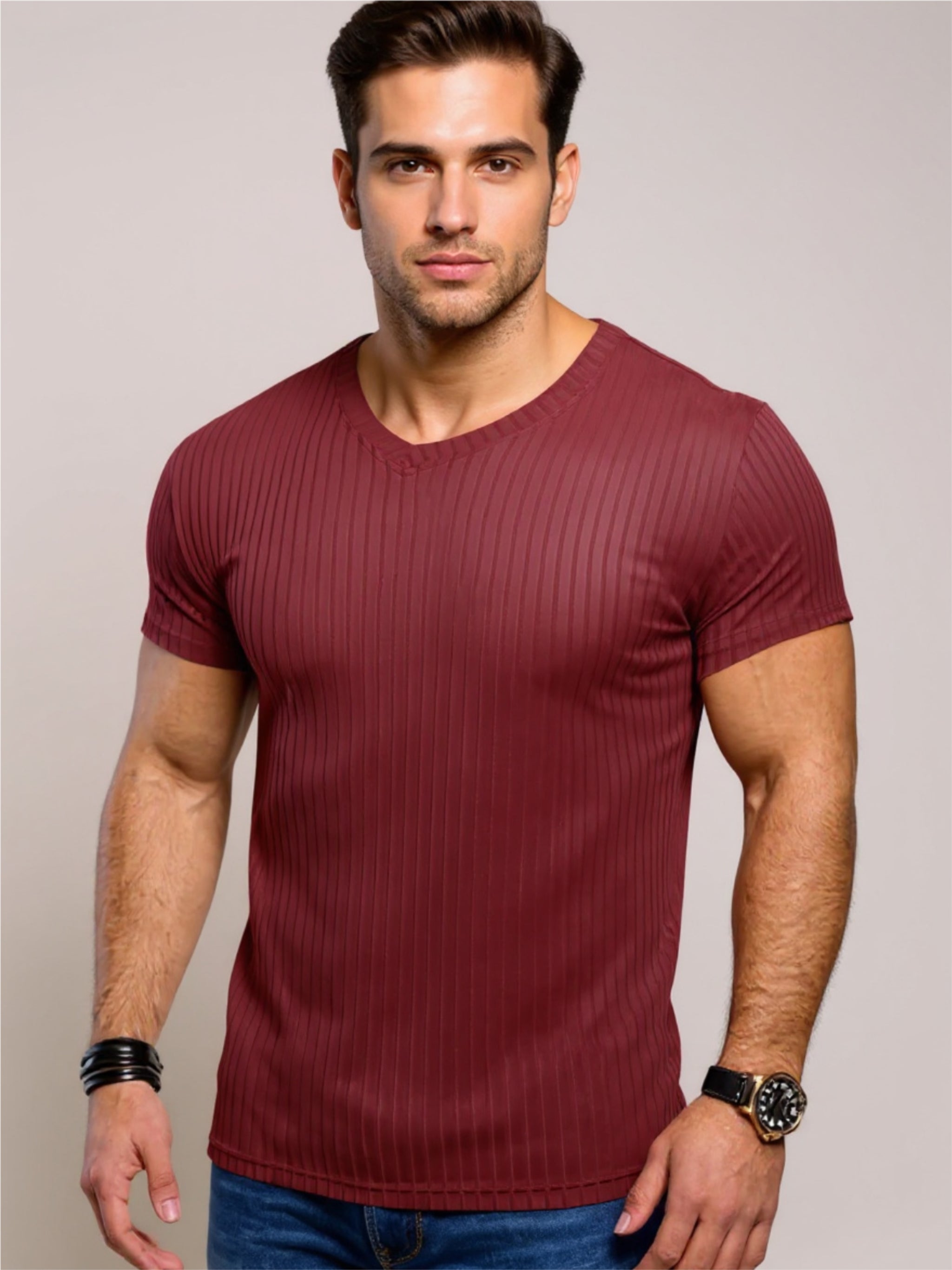 Ribbed Short Sleeve Slim Fit T-Shirt