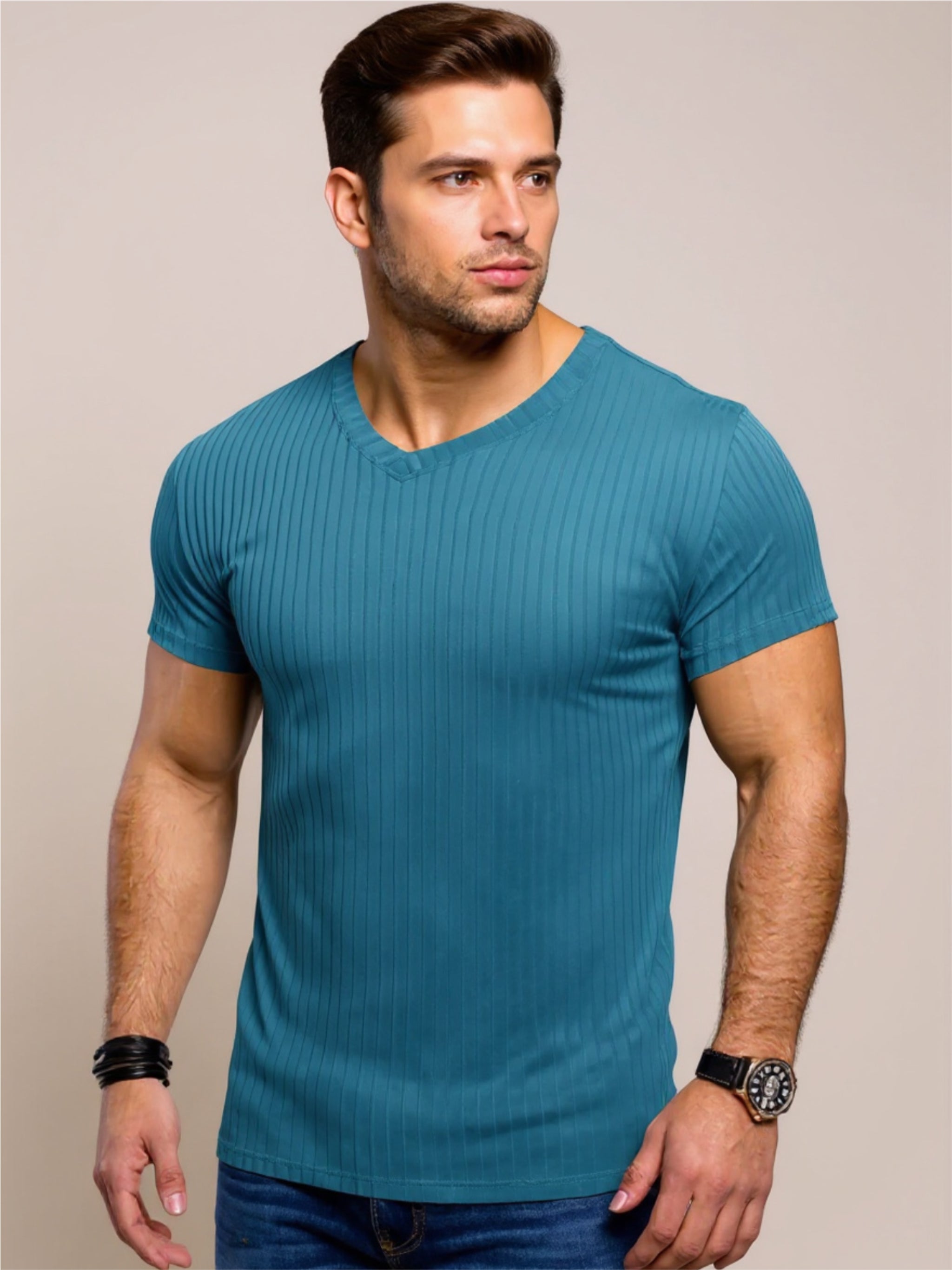 Ribbed Short Sleeve Slim Fit T-Shirt