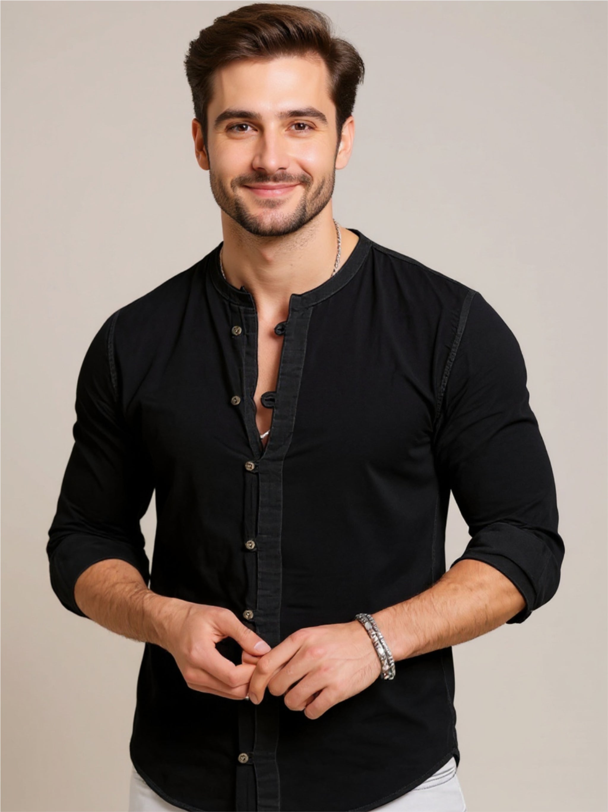 Mandarin Collar Button-Down Shirt