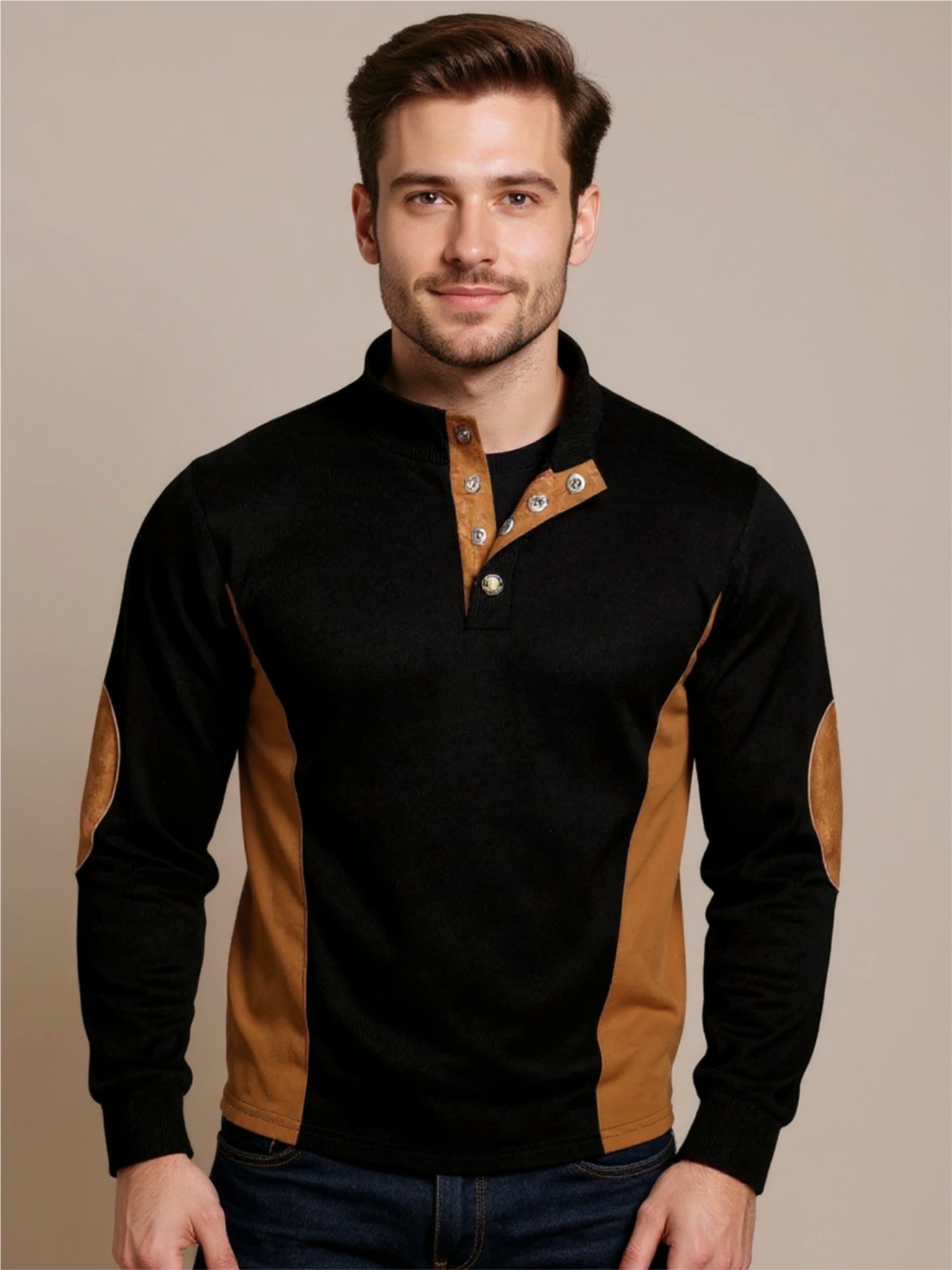 Contrast Quarter Snap Long Sleeve Top