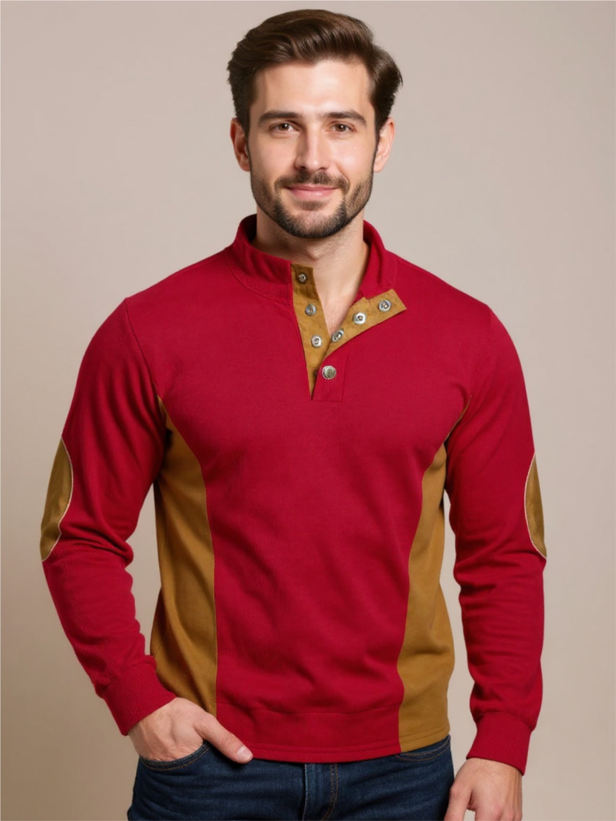Contrast Quarter Snap Long Sleeve Top