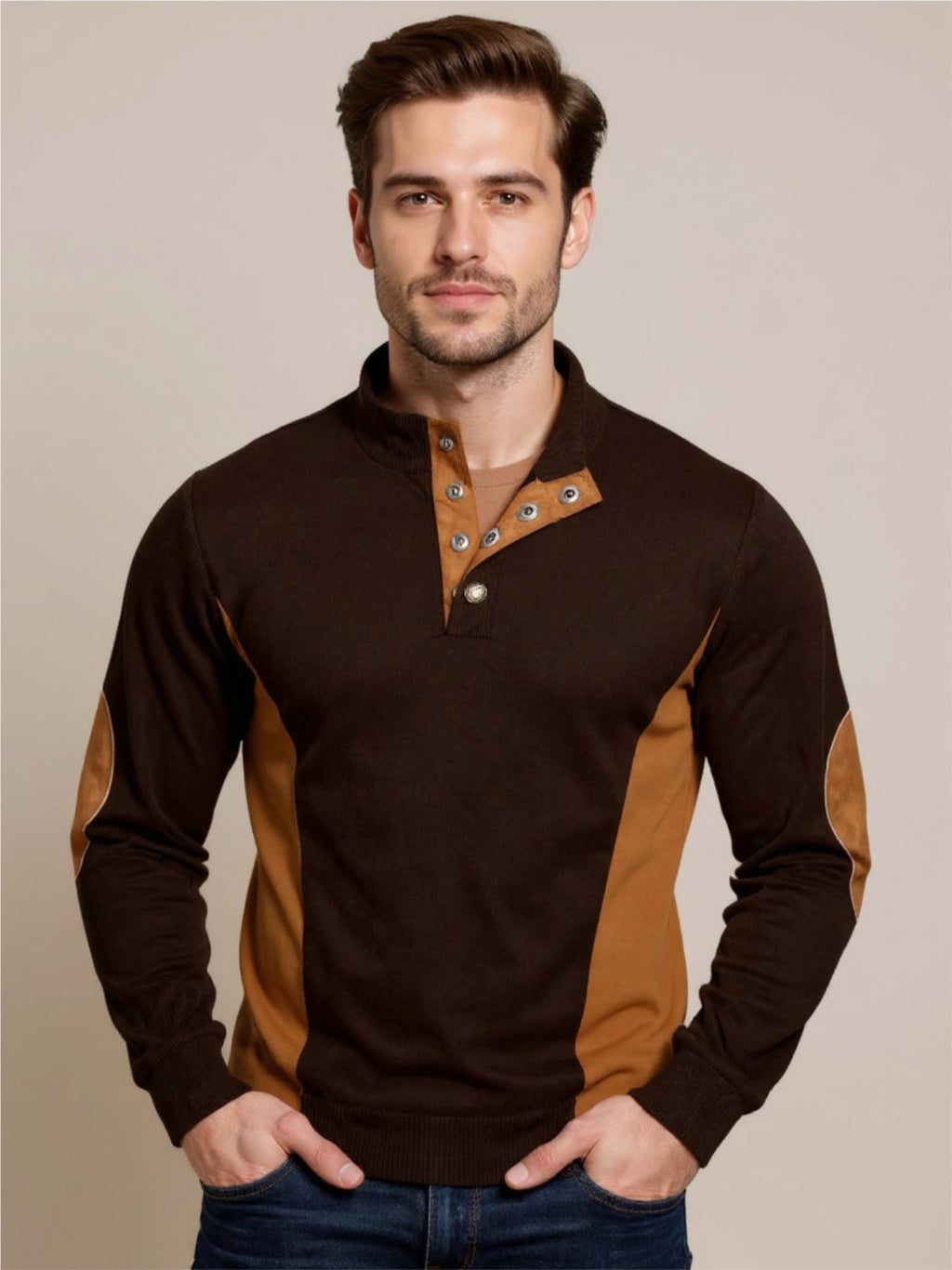 Contrast Quarter Snap Long Sleeve Top
