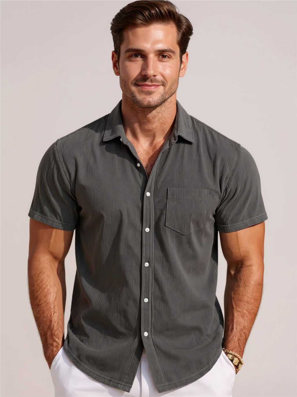 Classic Short Sleeve Corduroy Button Down Shirt