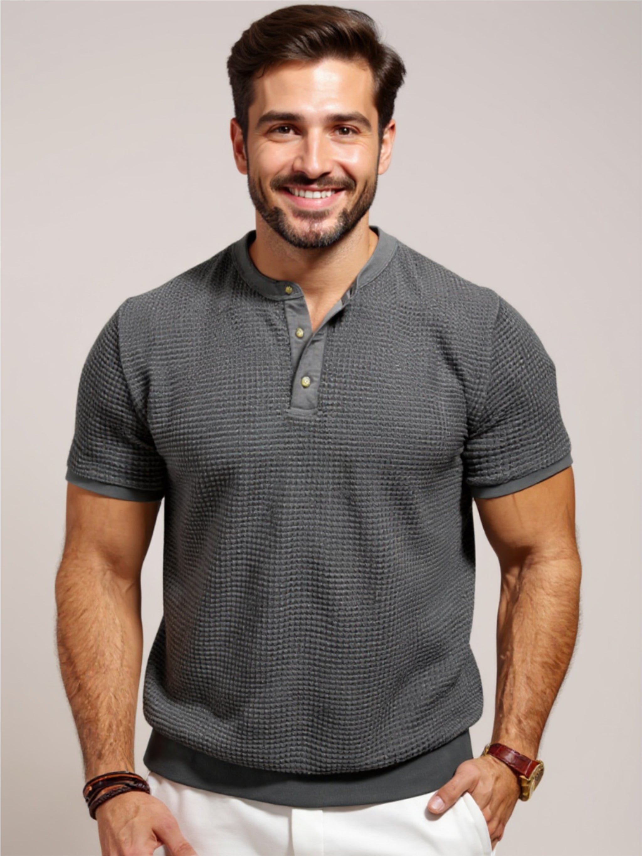 Textured Henley Short Sleeve T-Shirt