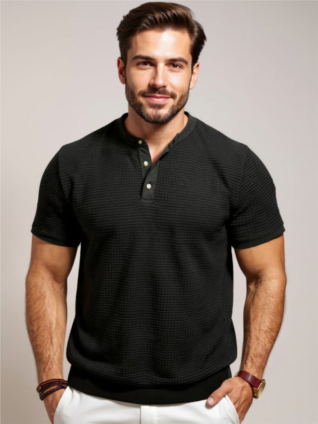 Textured Henley Short Sleeve T-Shirt