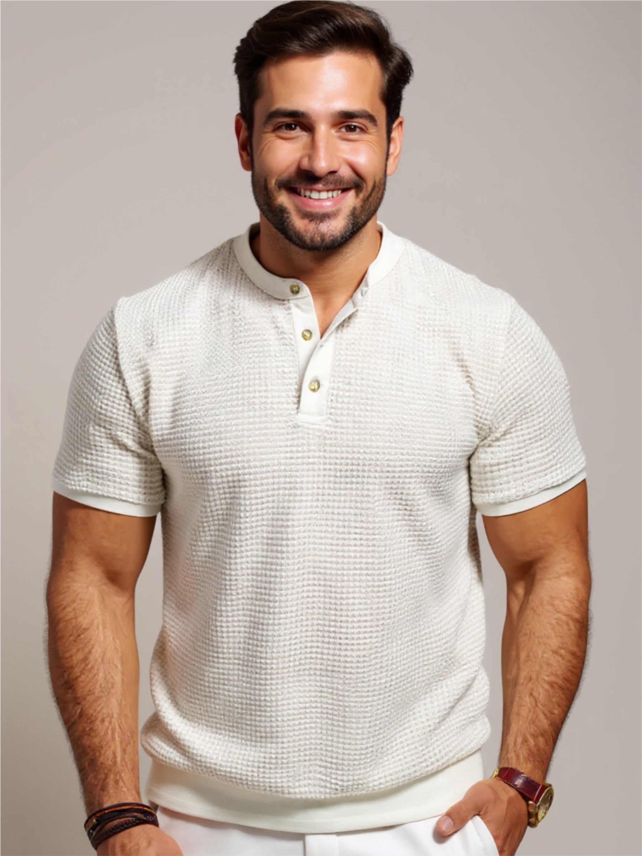 Textured Henley Short Sleeve T-Shirt