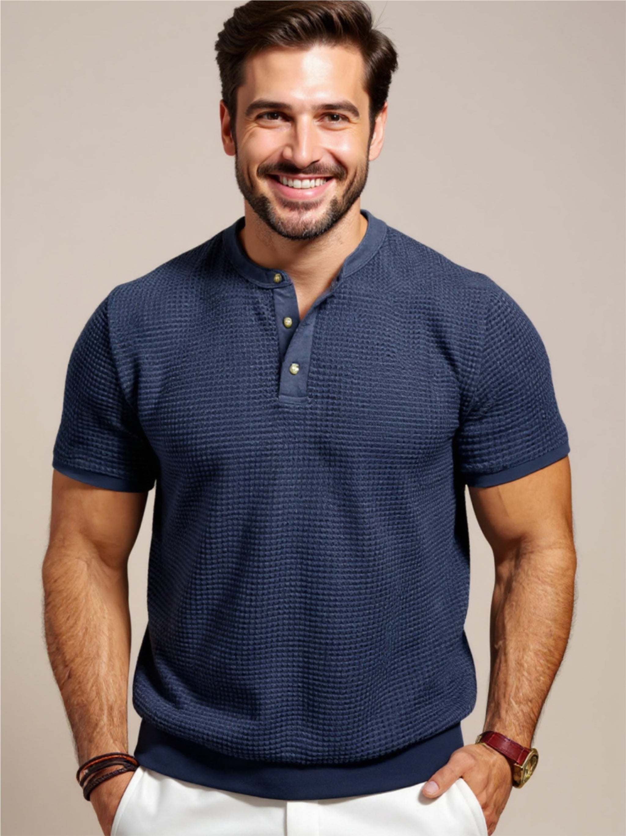 Textured Henley Short Sleeve T-Shirt