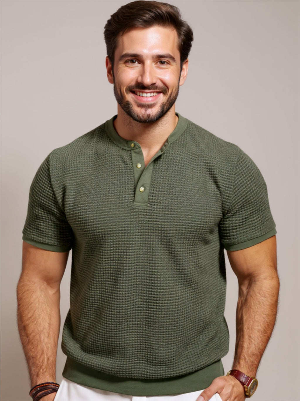 Textured Henley Short Sleeve T-Shirt