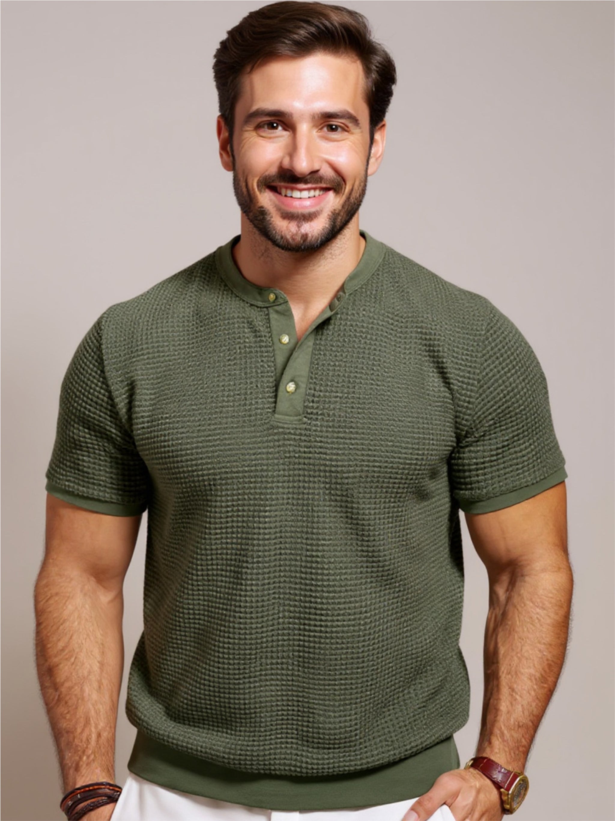 Textured Henley Short Sleeve T-Shirt