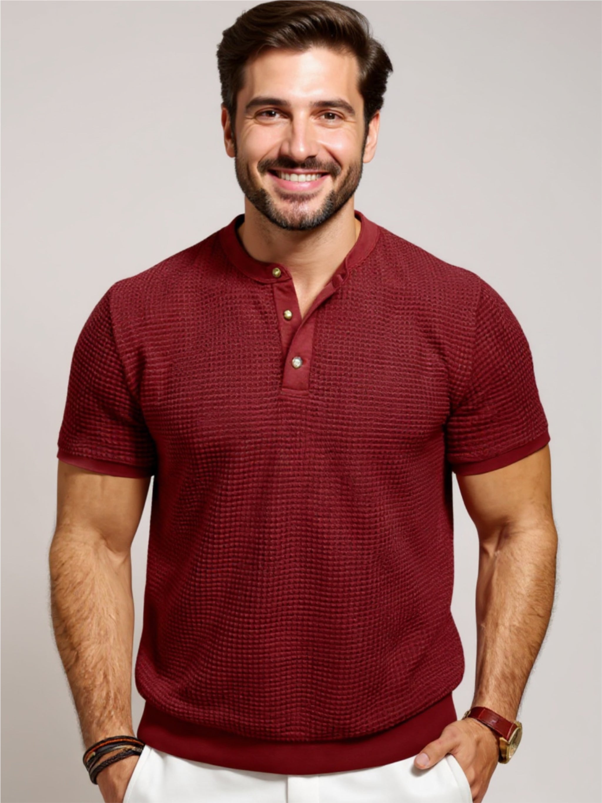 Textured Henley Short Sleeve T-Shirt