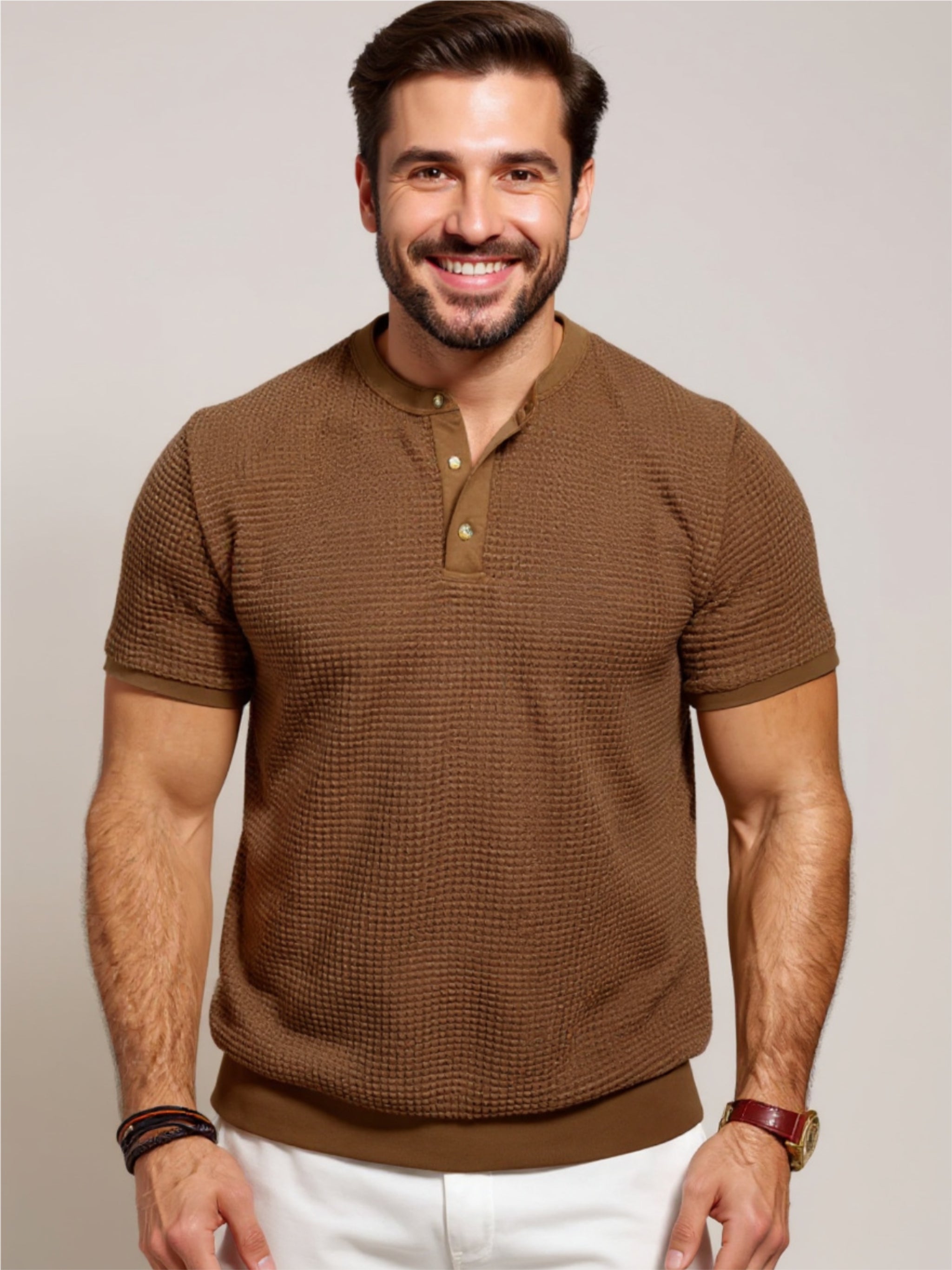 Textured Henley Short Sleeve T-Shirt