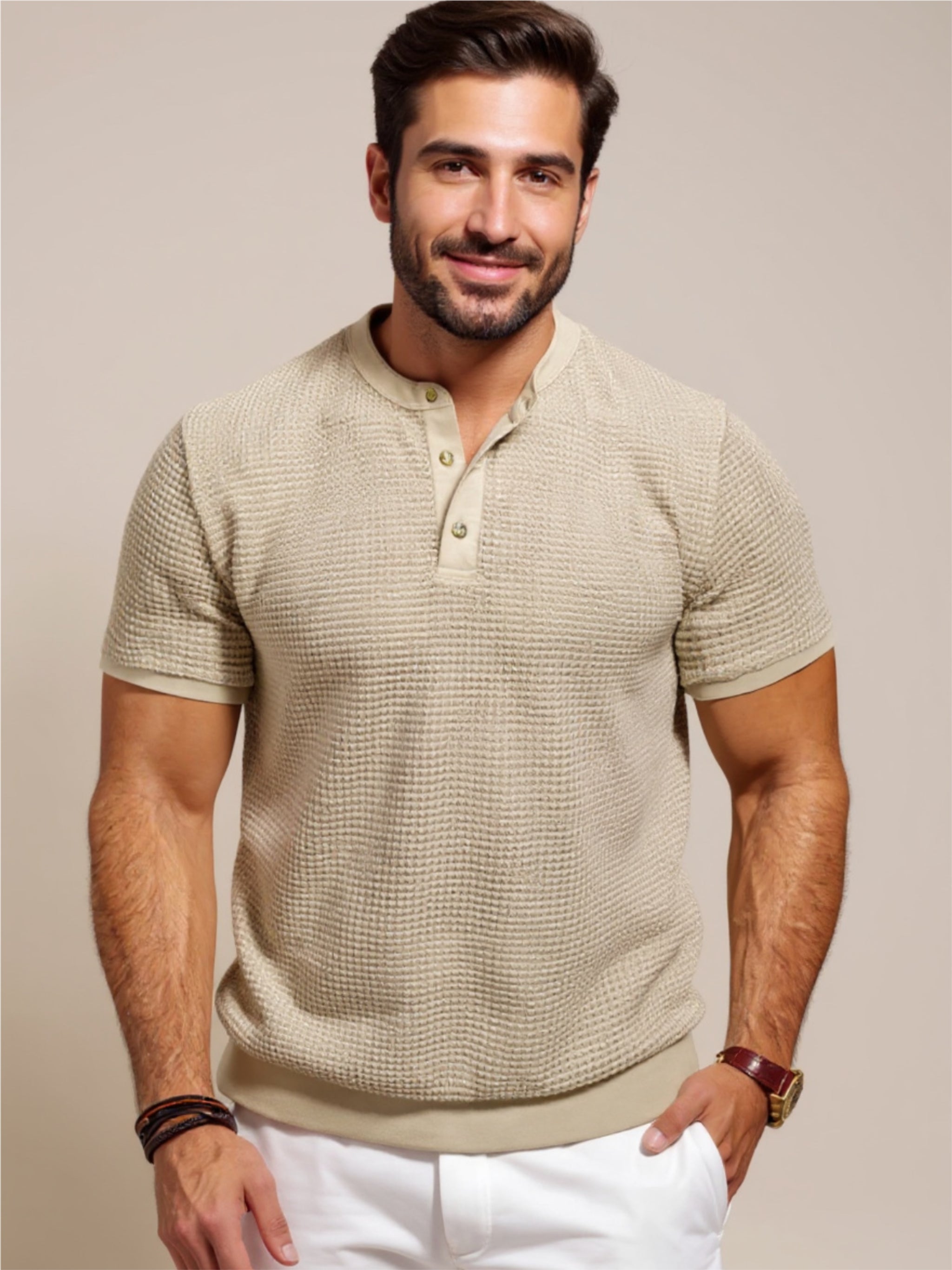 Textured Henley Short Sleeve T-Shirt