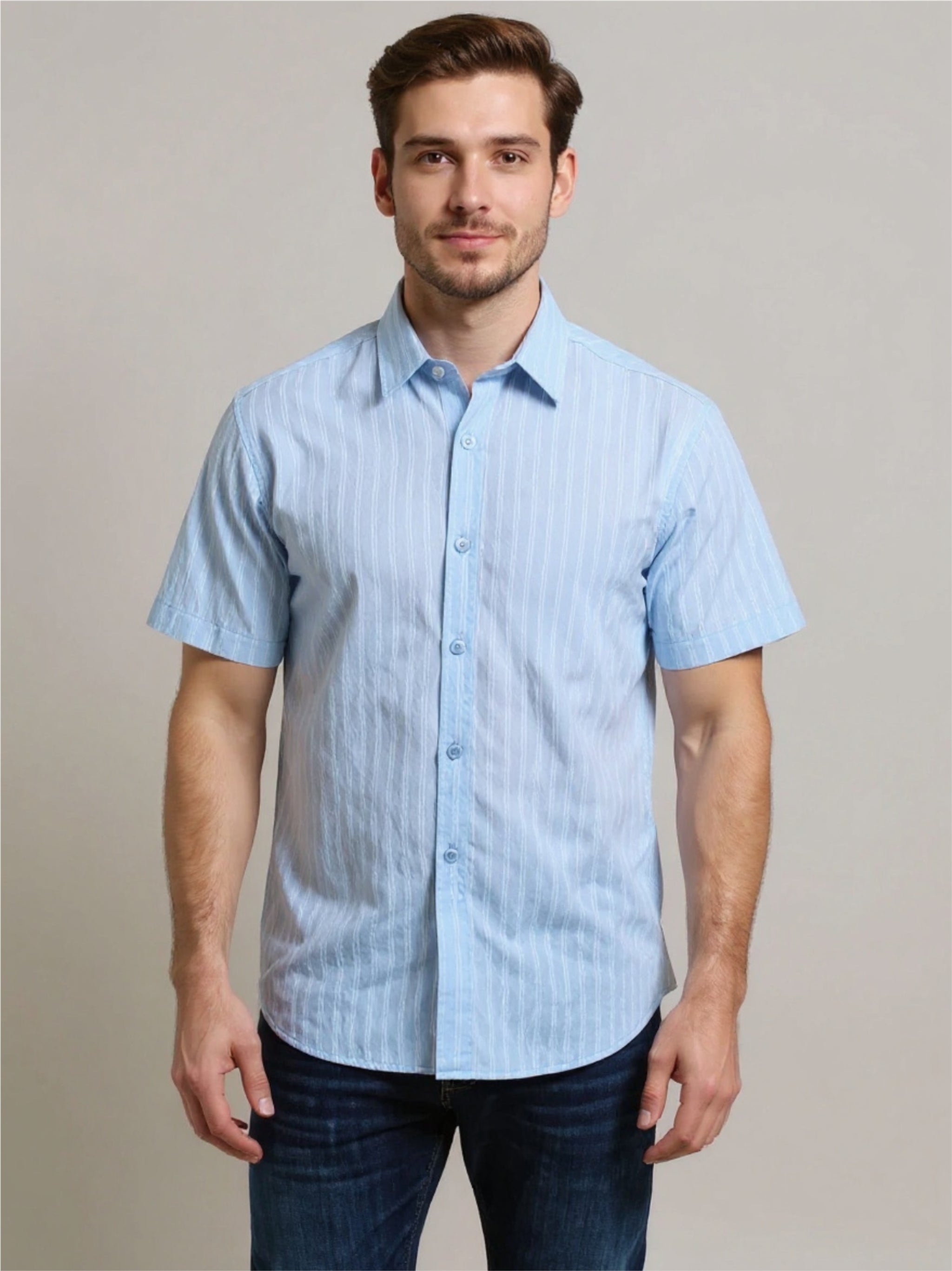 Textured Stripe Button Up Short Sleeve Shirt