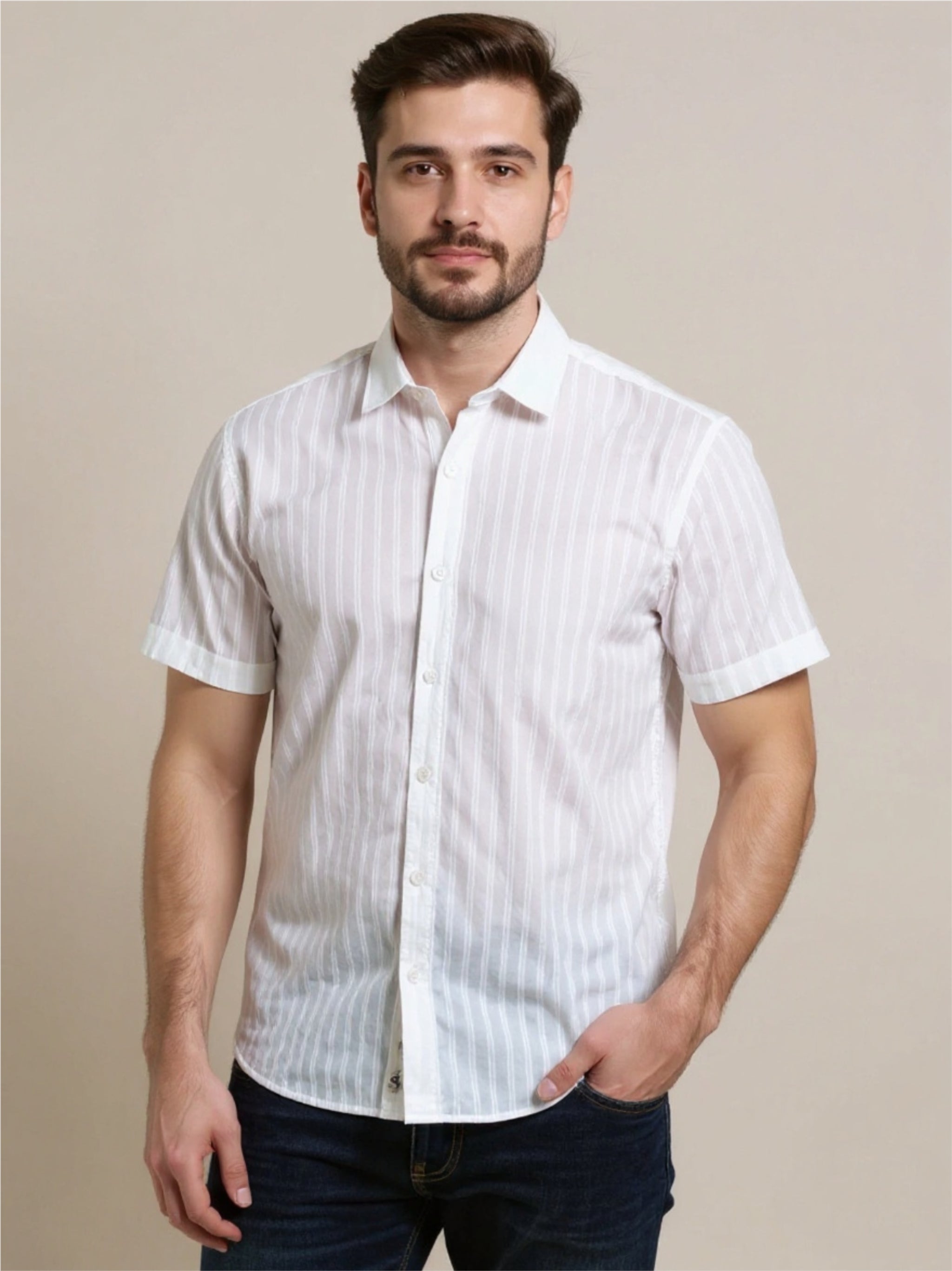 Textured Stripe Button Up Short Sleeve Shirt