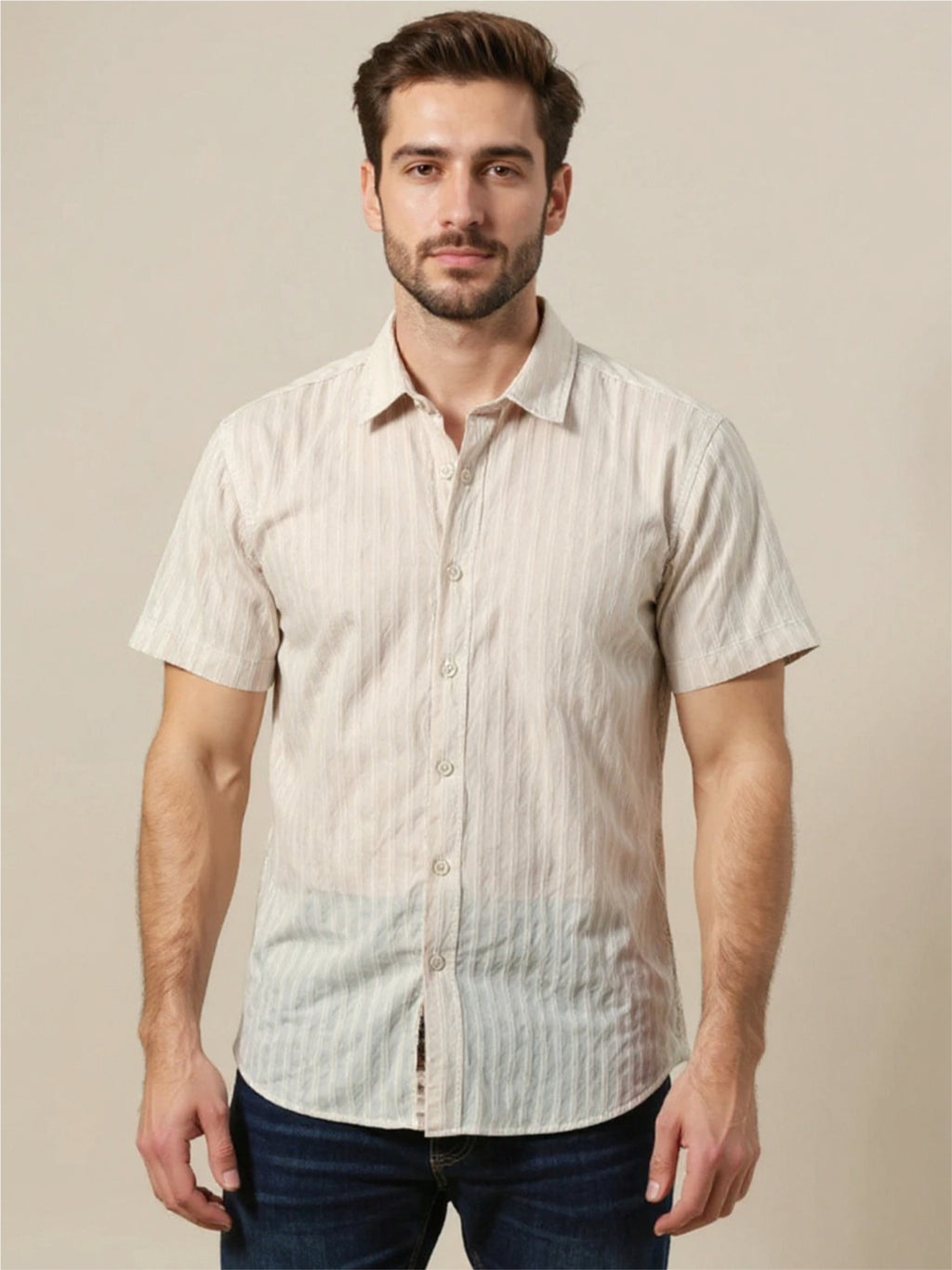 Textured Stripe Button Up Short Sleeve Shirt